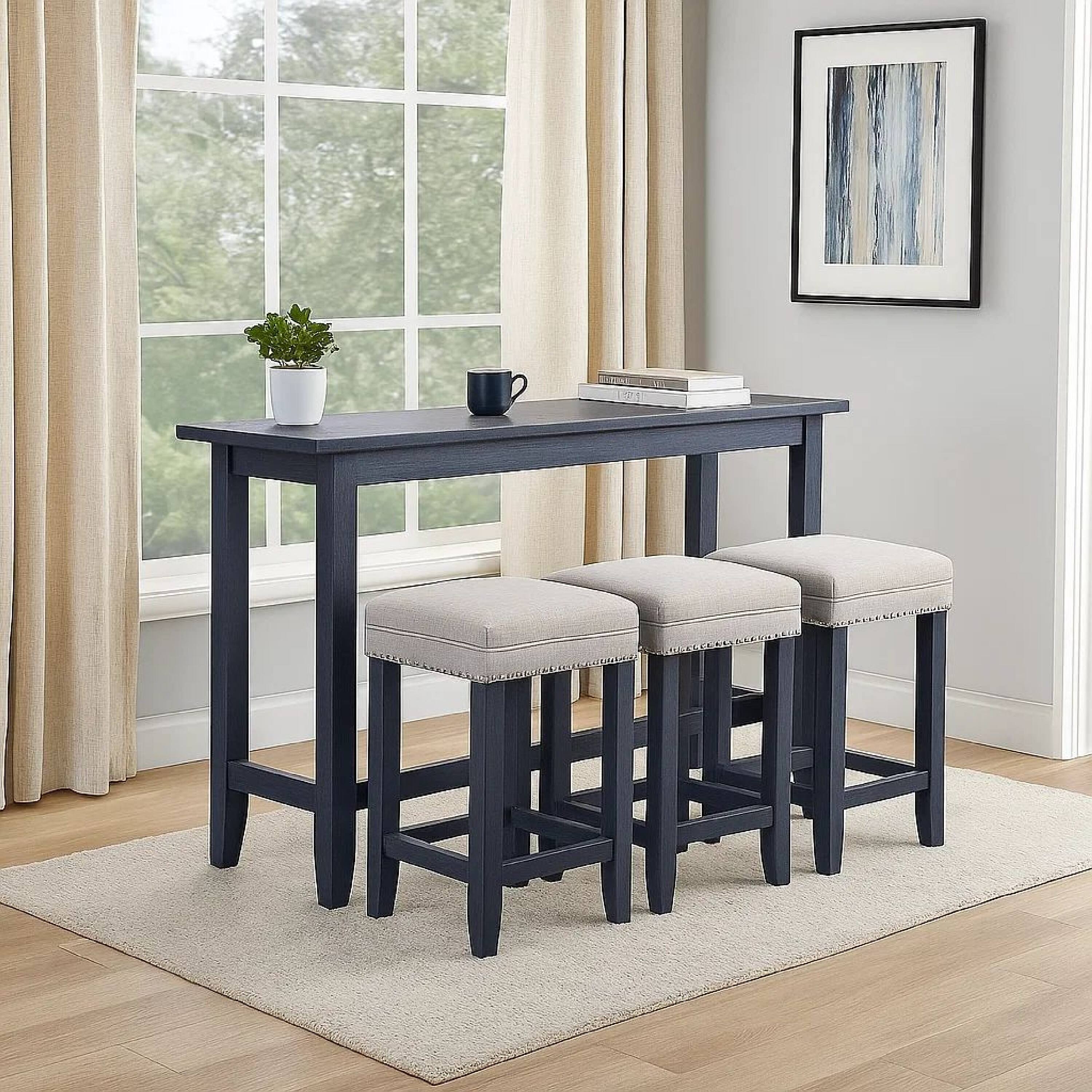 Alt View 7. Manhattan Lane - Eala 4 Piece Counter Height Table and Stool Set, Blue Wood, Gray Fabric - Antique Blue, Gray.