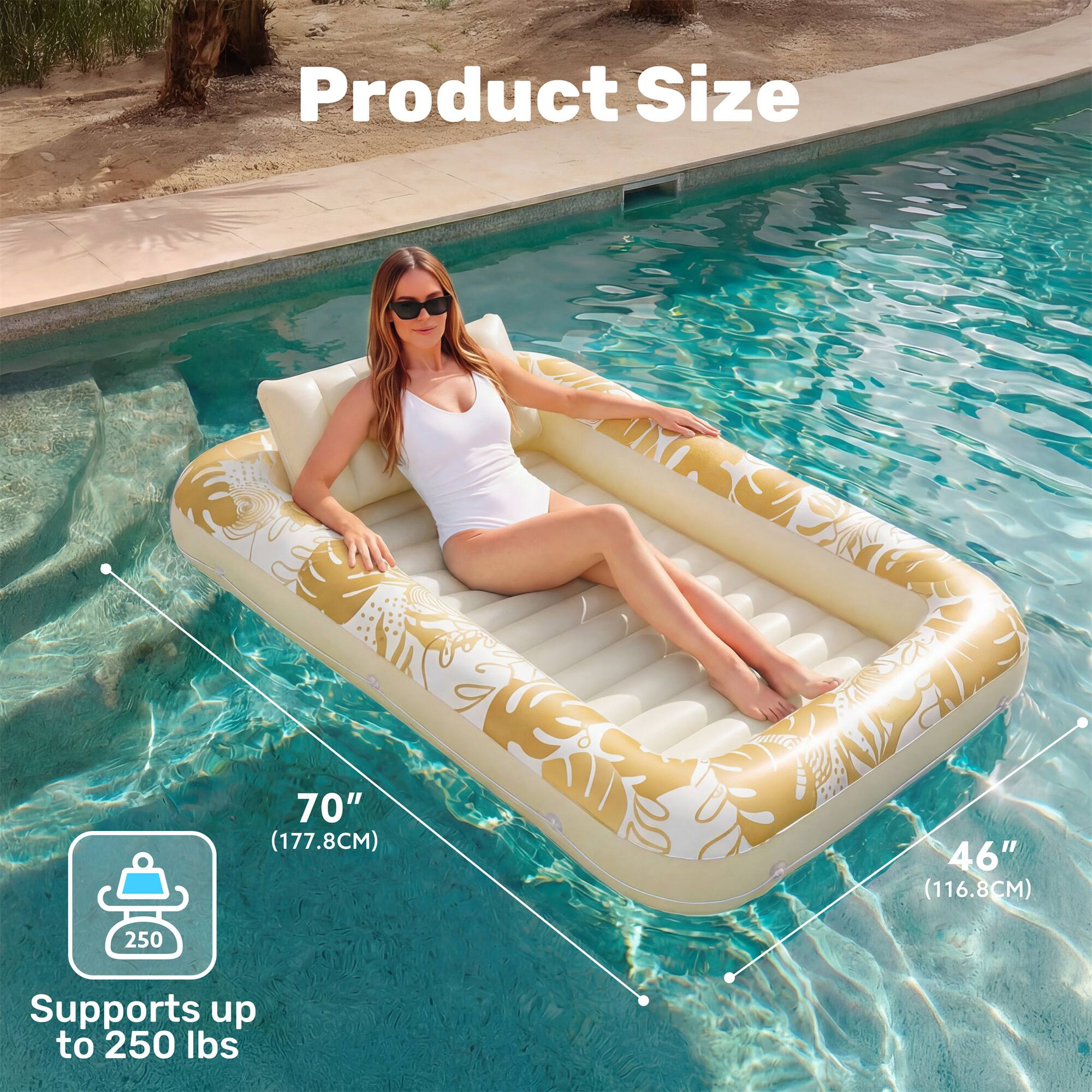 Product Size  
70" (177.8CM) x 46" (116.8CM)  
Supports up to 250 lbs