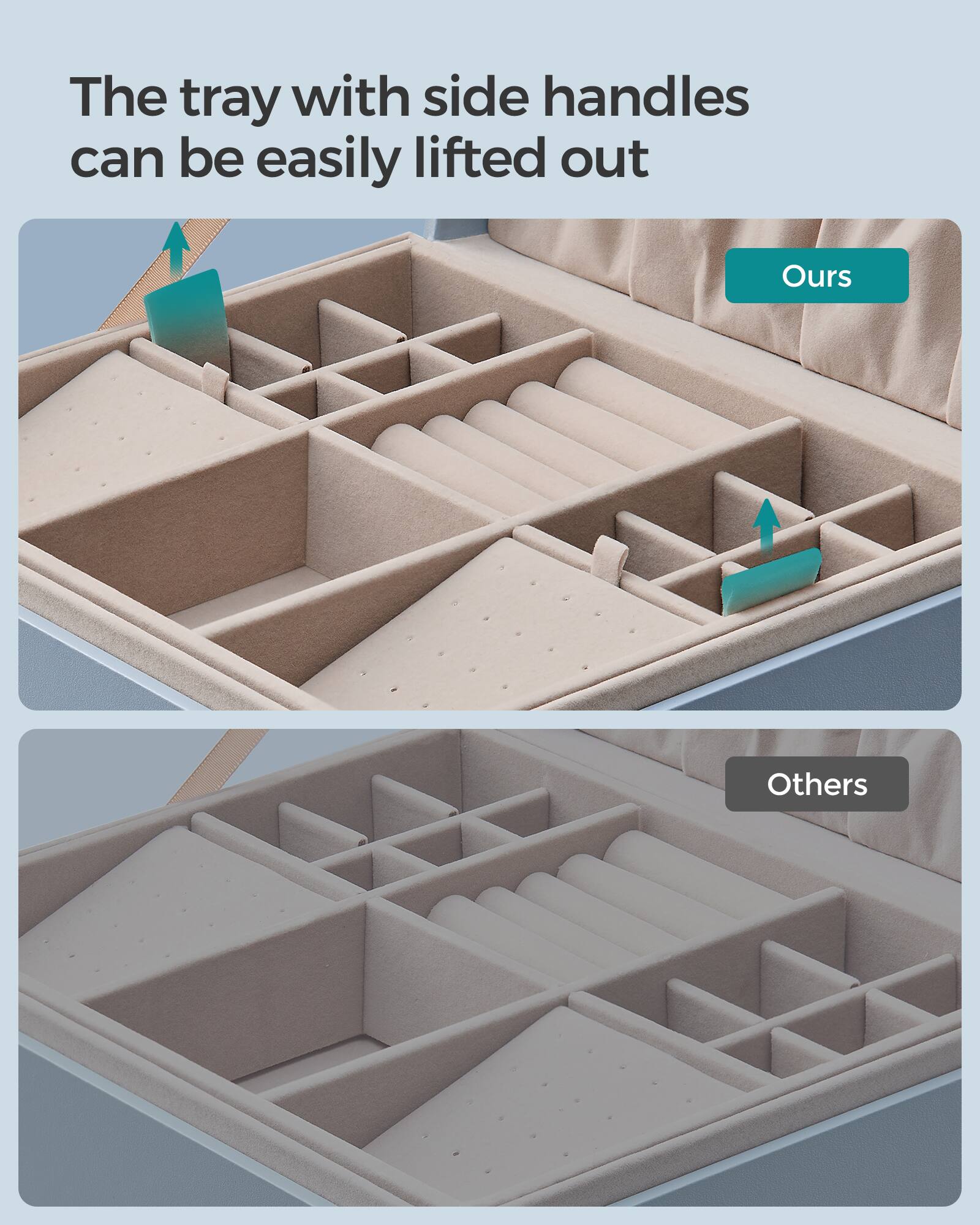 The tray with side handles can be easily lifted out

Ours

Others