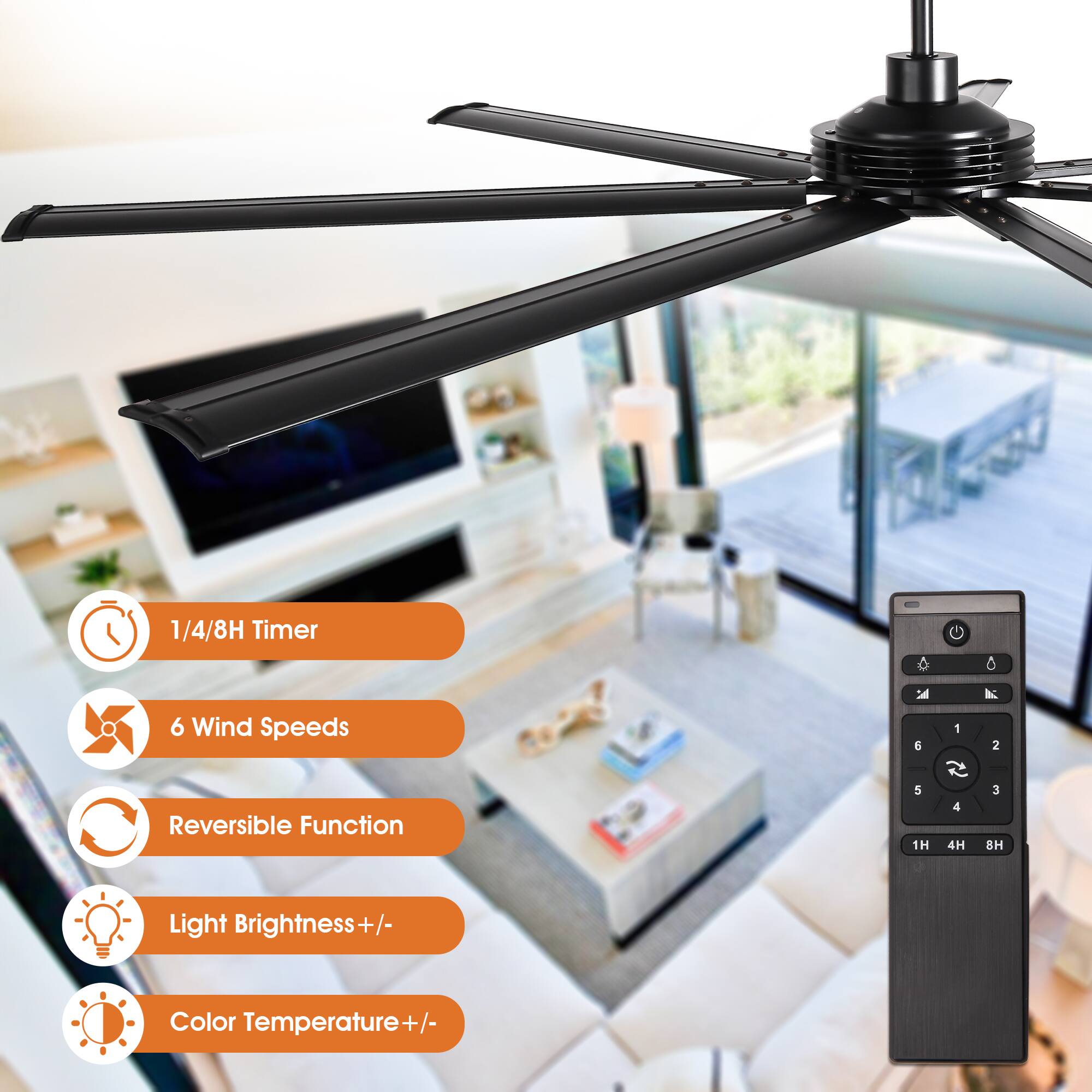 1/4/8H Timer  
6 Wind Speeds  
Reversible Function  
Light Brightness +/-  
Color Temperature +/-