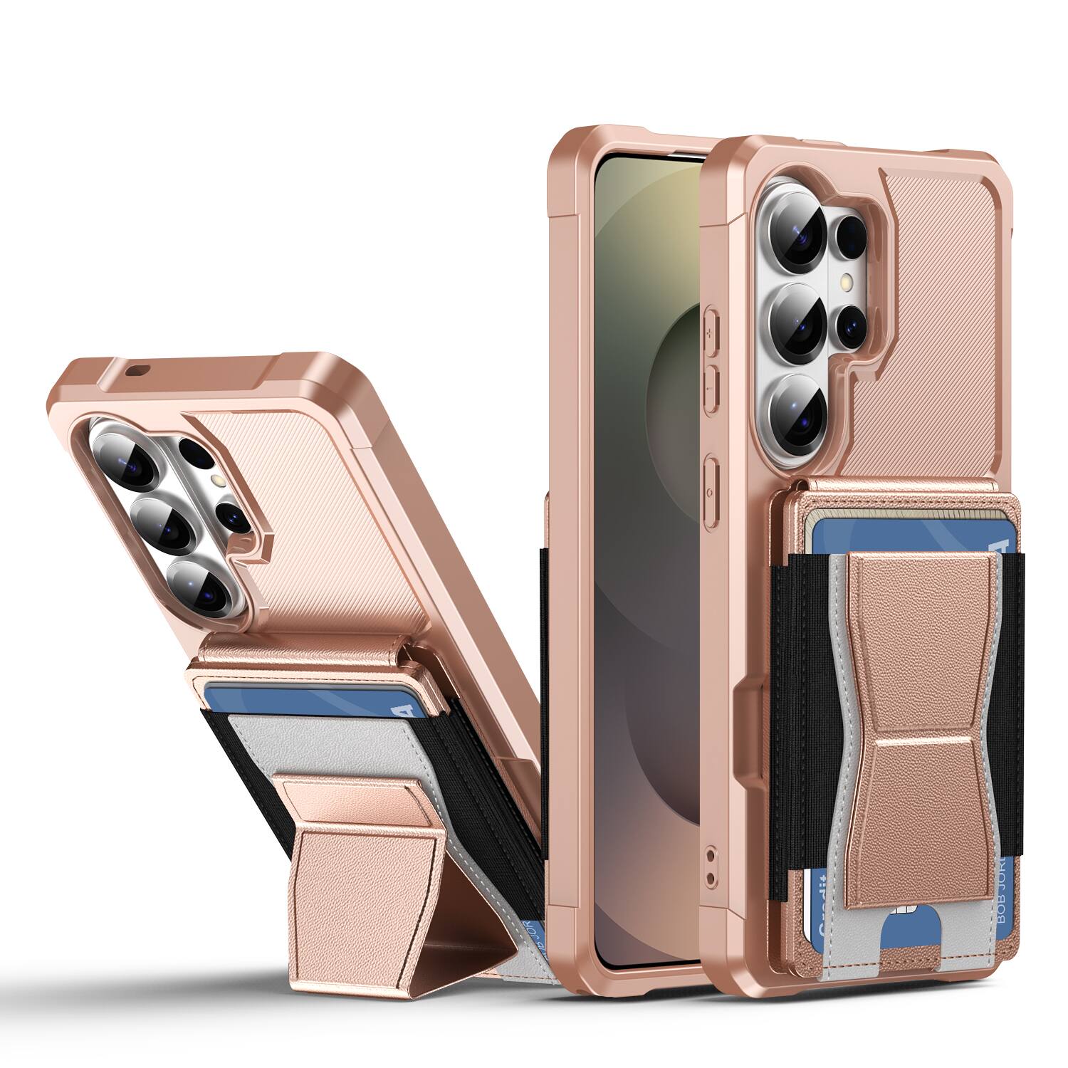 Angle. Dteck - Rugged Wallet Case for Samsung Galaxy S26 Ultra, Shockproof Protective Cover with Elastic Card Holder and Kickstand - Rosegold.