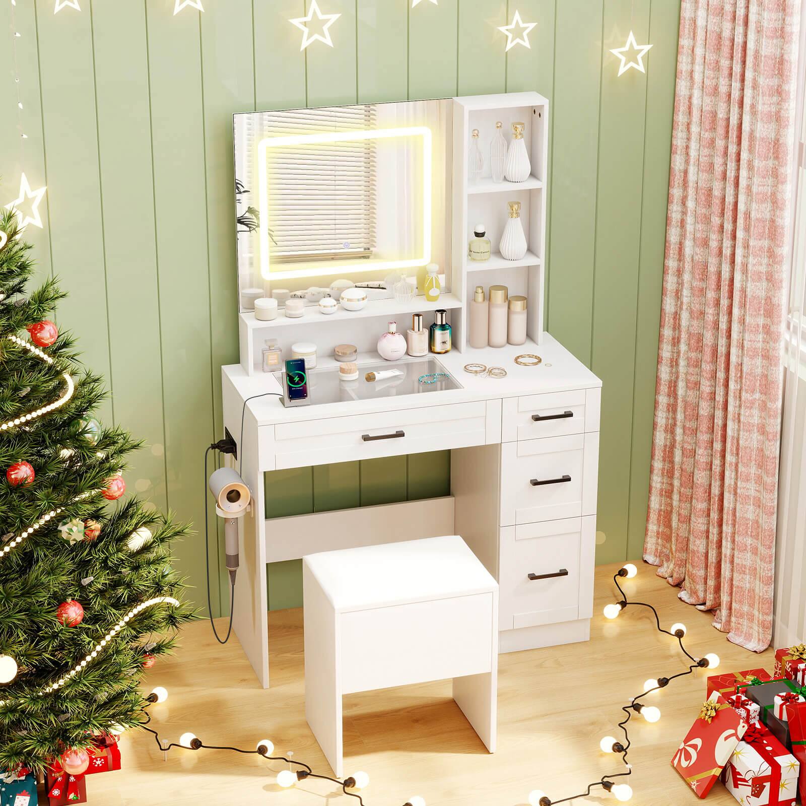Alt View 4. Costway - Costway 35.5" Makeup Table Set Vanity Desk with Mirror and Lights 2 Open Shelves Glass Top - White.