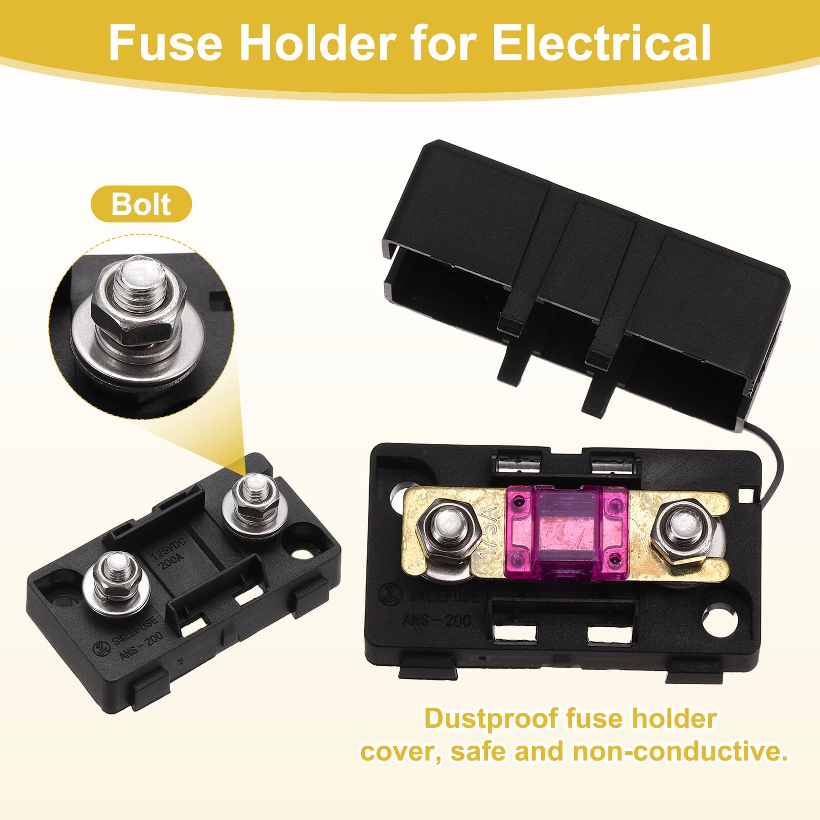 Fuse Holder for Electrical Bolt 125VDG 200A SKEE USE ANS-200 200 ANS SKEE USE ANS - 200 Dustproof fuse holder cover, safe and non-conductive.