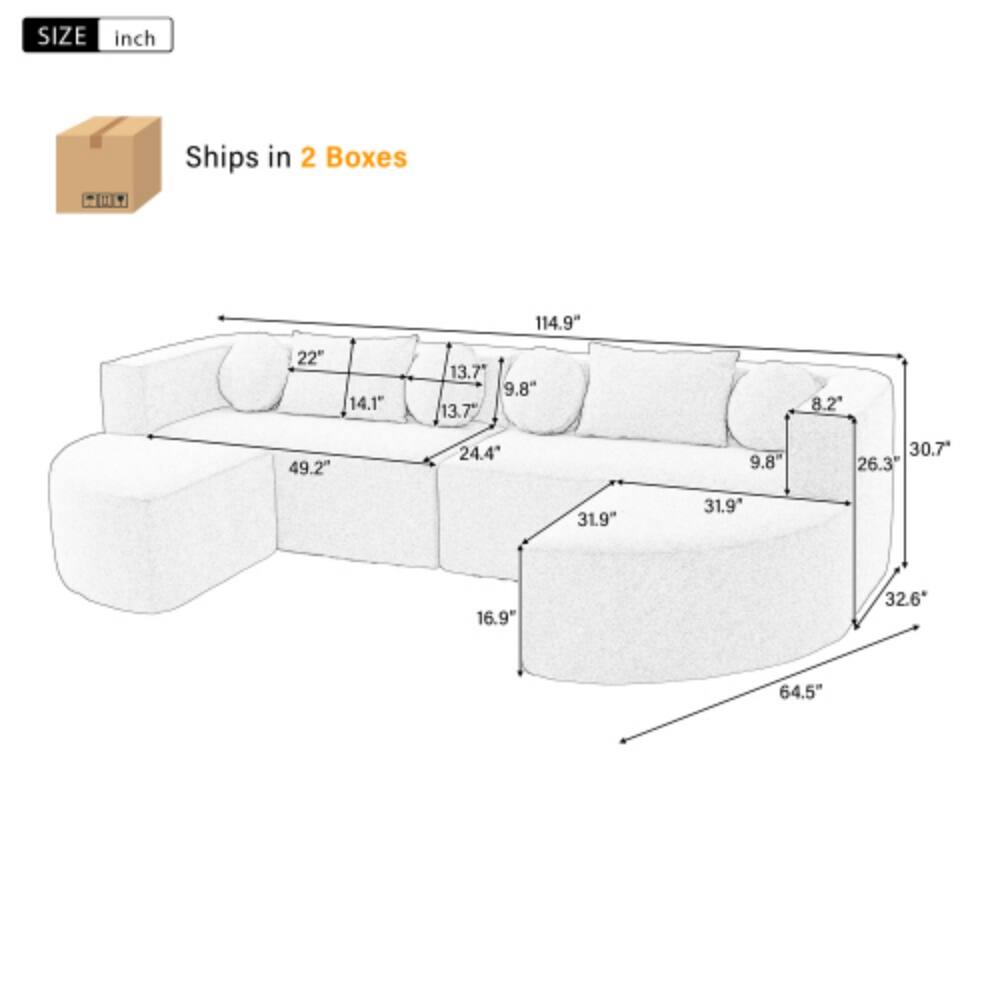 SIZE inch  
Ships in 2 Boxes  
114.9"  
22"  
14.1"  
13.7"  
9.8"  
13.7"  
8.2"  
49.2"  
24.4"  
9.8"  
30.7"  
26.3"  
31.9"  
31.9"  
16.9"  
32.6"  
64.5"