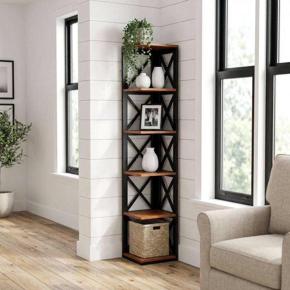 Back. FurniFact - Multi-tier corner bookcase with durable finish - Cherry.