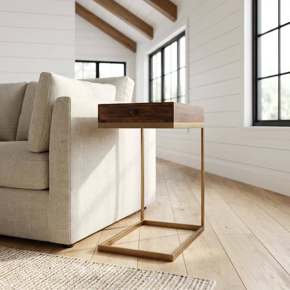 Alt View 4. Starlight Canyon Home - C Shaped End Table with Drawer, Mid-Century Modern Side Table for Living Room - Medium Brown.