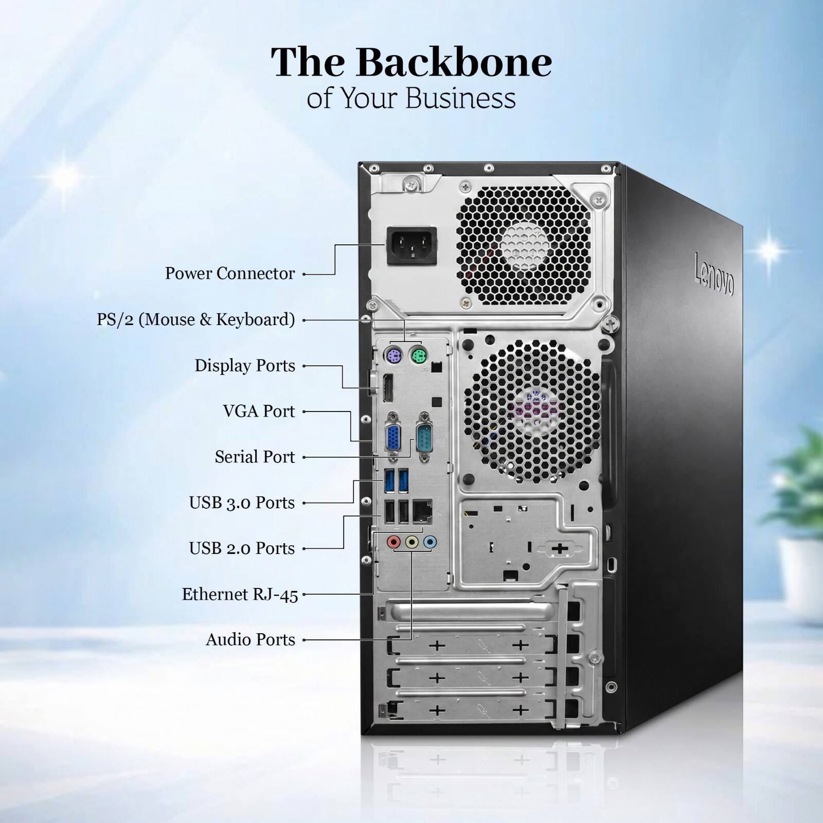 The Backbone of Your Business

1. Power Connector
2. PS/2 (Mouse & Keyboard)
3. Display Ports
4. VGA Port
5. Serial Port
6. USB 3.0 Ports
7. USB 2.0 Ports
8. Ethernet RJ-45
9. Audio Ports