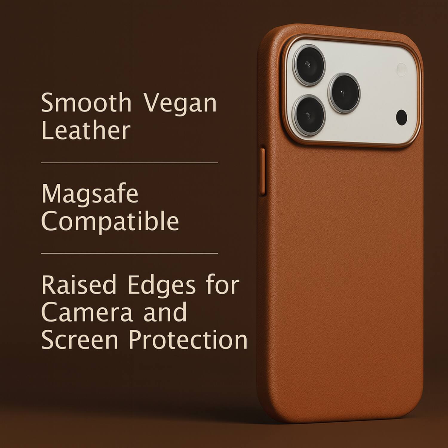 Smooth Vegan Leather

Magsafe Compatible

Raised Edges for Camera and Screen Protection