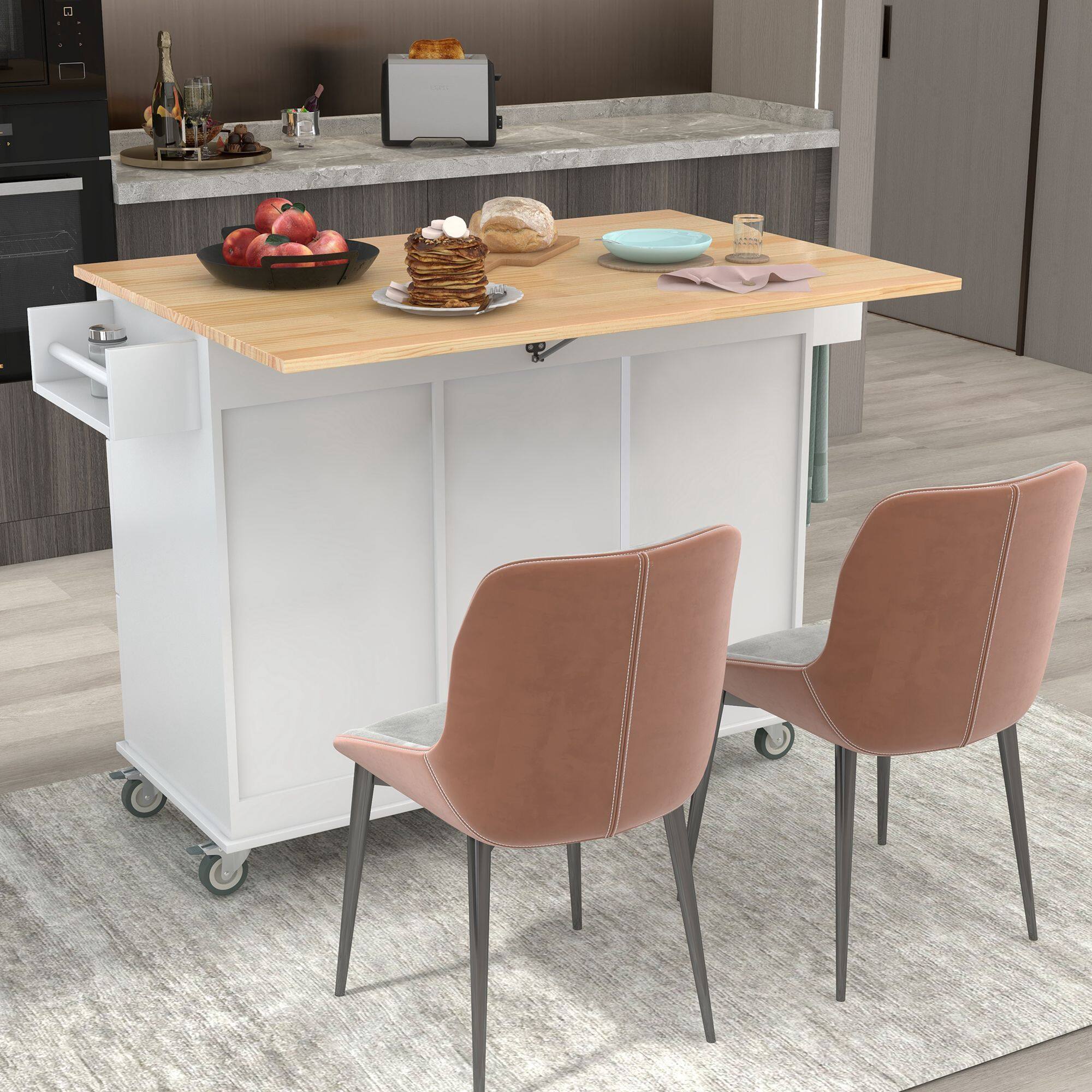Angle. Mirfee - 52.7" Mobile Kitchen Island with Solid Wood Top, Locking Wheels, Drop Leaf, Spice Rack - White.