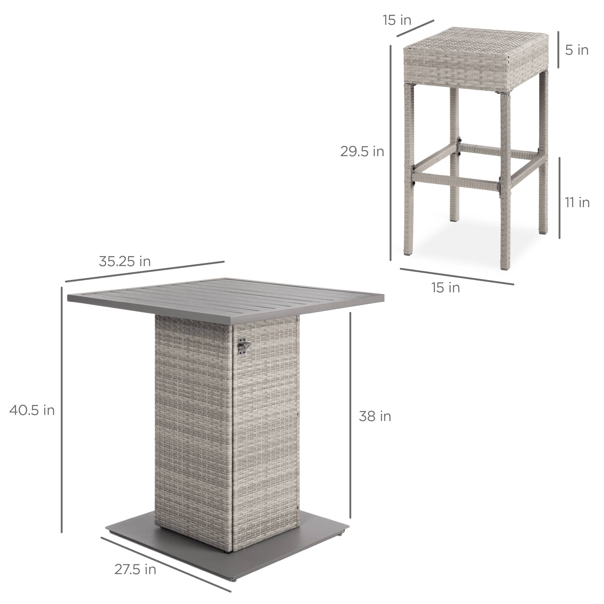 - Table:
  - Top: 35.25 in
  - Height: 40.5 in
  - Base: 27.5 in
  - Width: 38 in

- Stool:
  - Seat: 15 in
  - Height: 29.5 in
  - Base: 15 in
  - Width: 11 in
  - Height from base to seat: 5 in