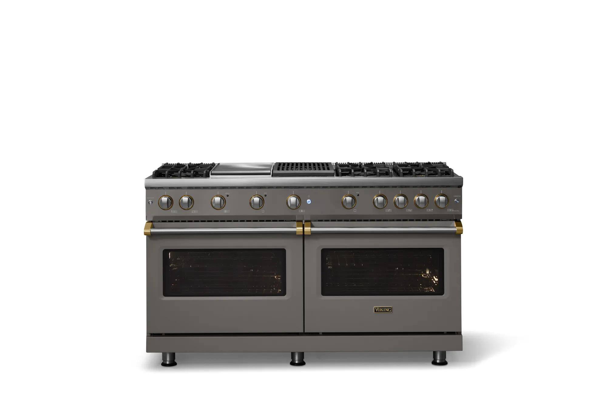 Alt View 1. Viking - 60"W. Pro5S  8.0 Cu. Ft. Freestanding Sealed 6 Burner Gas Convection Range/Griddle/Dbl Oven-Damascus Gray/Brushed Brass - Damascus Gray.