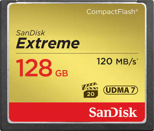 Front. SanDisk - Extreme 128GB CompactFlash (CF) Memory Card - Gold.