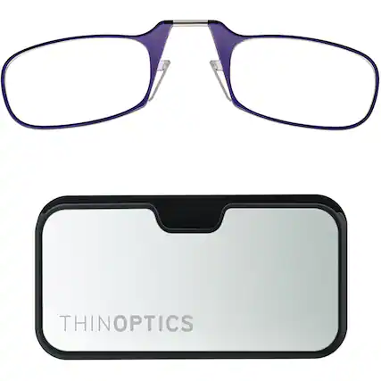 Front. ThinOptics - 1.0 Reading Glasses with Silver & Black Metal Universal Pod Case - Purple.