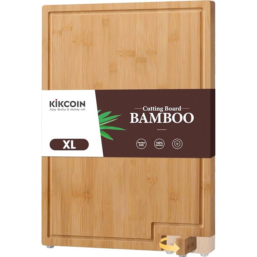 KIKCOIN  
Enjoy Quality & Healthy Life  

Cutting Board  
BAMBOO  

XL  

Perfect Size  
100% Bamboo  
+