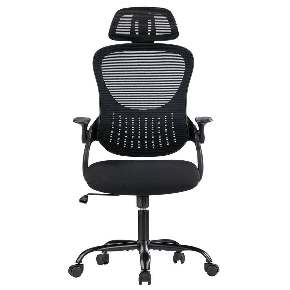Front. Kadyn - 20" Ergonomic Mesh Office Chair - High Back Swivel Chair with Headrest & Flip-up Armrests, Black - Black.