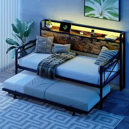 Front. Winado - Twin Daybed with Trundle Bed Sofa DayBed with LED Light & Charing Station Upholstered Bed Frame with Storage Headboard - Black & Industrial Brown.
