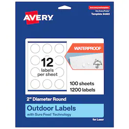 Avery - Waterproof Round Labels, 2" Diameter, 1200 Total - White