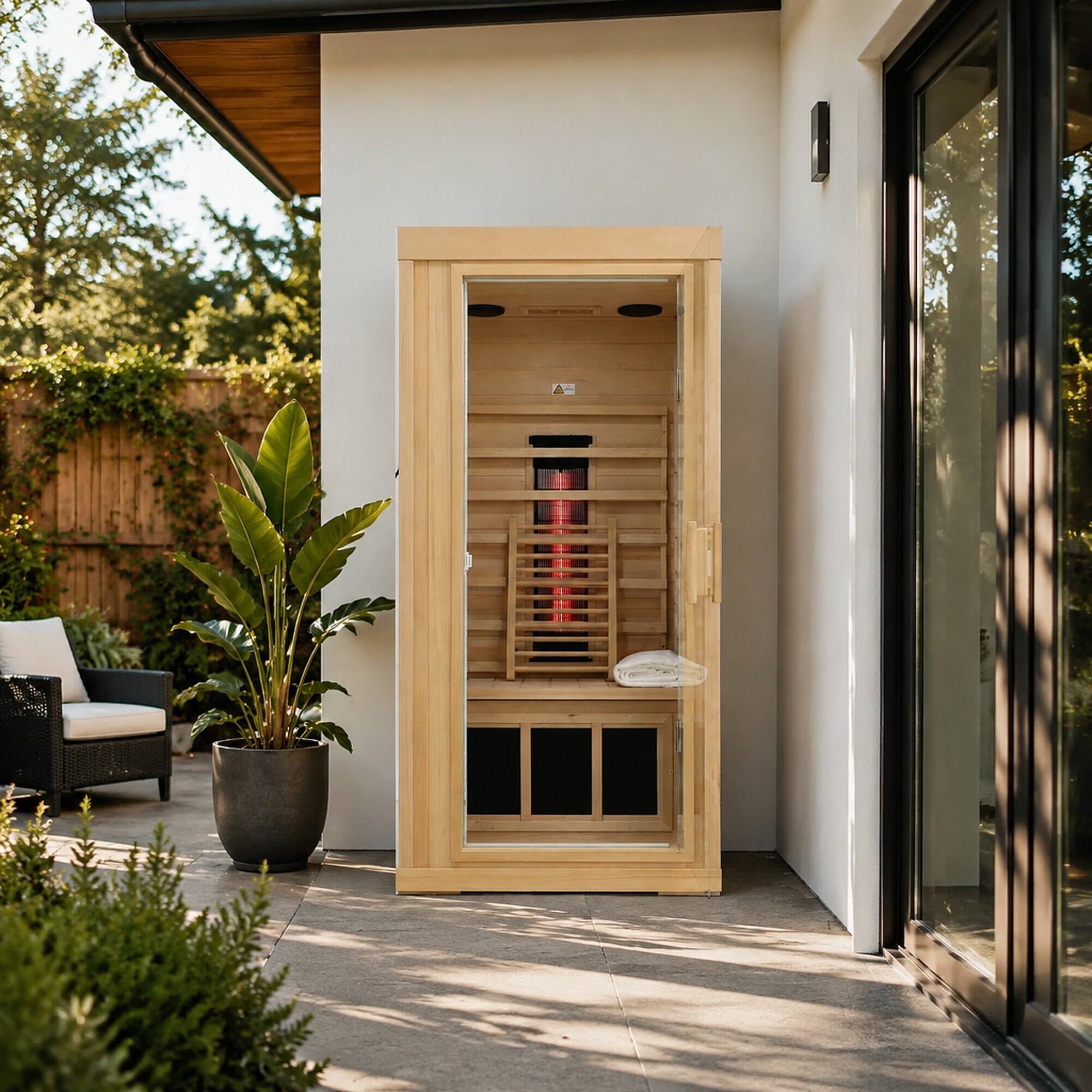 Angle. RYHNUYNE - Single Mini Hemlock Sauna, Canadian Eastern Hemlock Wood, Low EMF Far Infrared, Home Relaxation - Natural.
