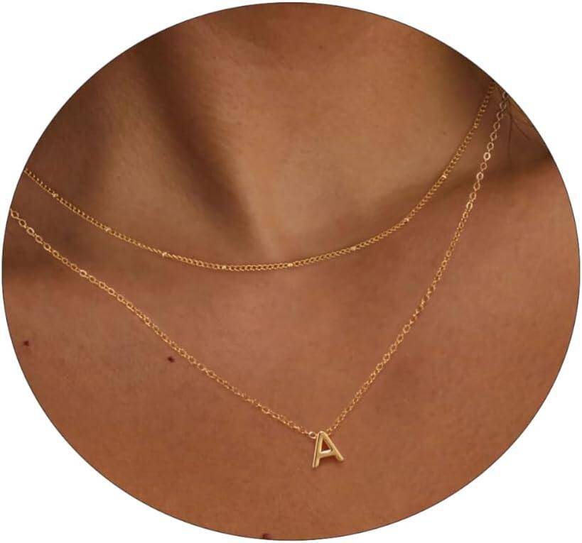 Front. Live At Space - 14K Gold Plated Initial Necklace, Layered A-Z Letter Pendant with Satellite Chain, Personalized Minimalist Jewelry Gift - ASCOMY Initial Necklaces for Women 14K Gold Ne.