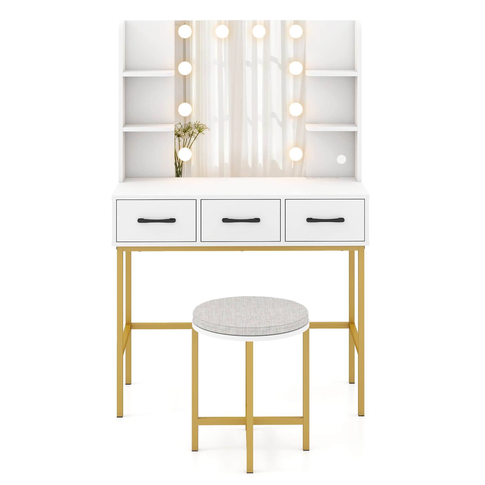 Alt View 3. Costway - Costway Vanity Desk with Mirror Lights Power Outlets 4 Open Shelves 3 Storage Drawers - White.