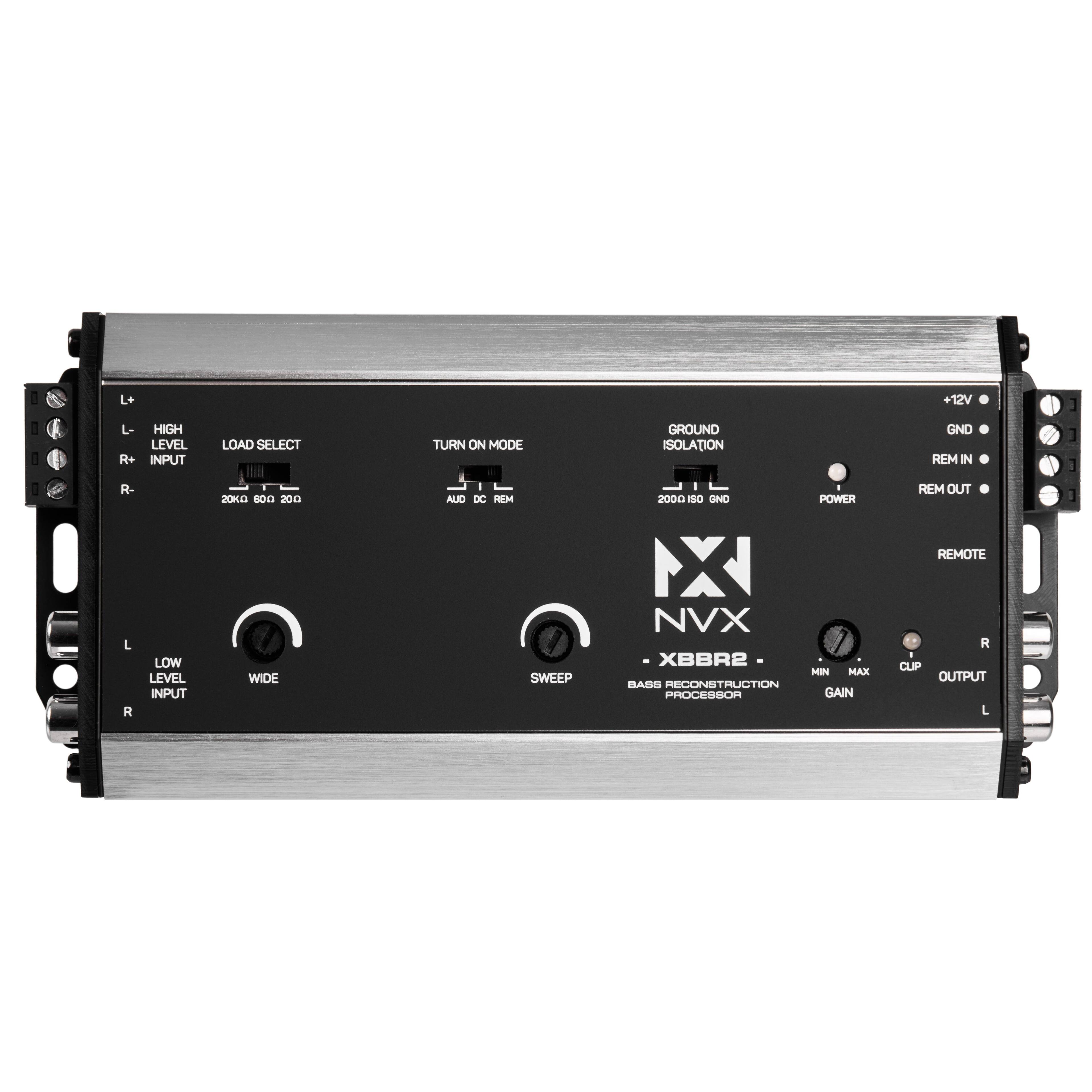L+ HIGH LEVEL  
L- INPUT  
R+ INPUT  
R-  

LOAD SELECT  
20KΩ 600Ω 200Ω  

TURN ON MODE  
AUX DC REM  

GROUND ISOLATION  
2000Ω ISO GND  

POWER  

REMOTE  

L LOW LEVEL INPUT  
WIDE  

SWEEP  

BASS RECONSTRUCTION PROCESSOR  

MIN MAX GAIN  

CUP  

OUTPUT L R  

+12V  
GND  
REM IN  
REM OUT  

NVX  
-XBBR2-