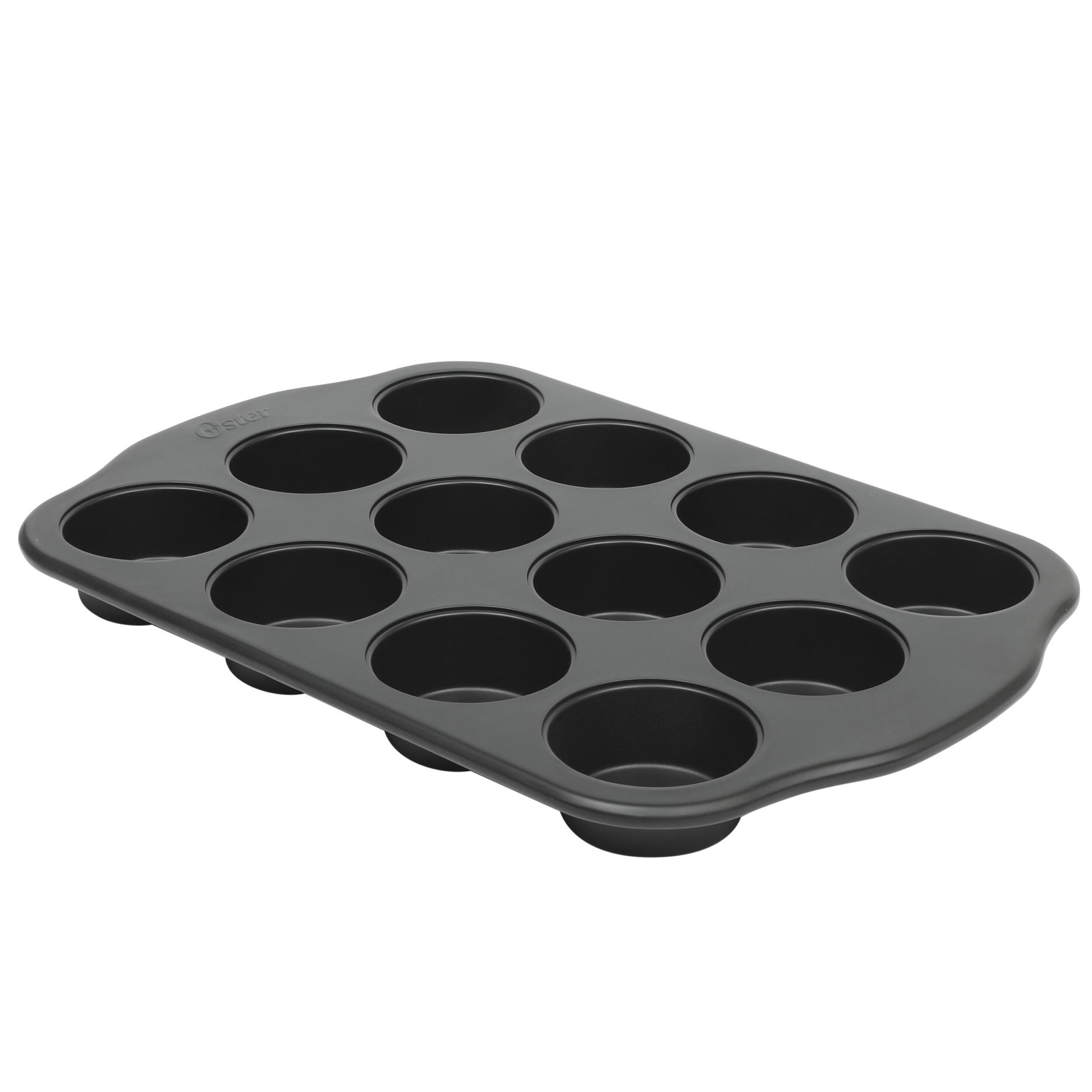 Front. Oster - Oster Teston Platinum Collection 12 Cup Nonstick Carbon Steel Muffin Pan in Matte Black - Matte Black.