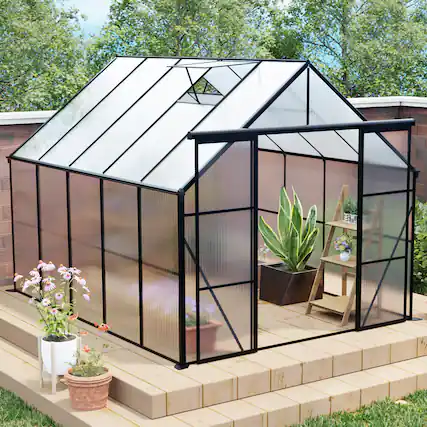 Front. TinyHomie - 8x10FT Double Door Polycarbonate Greenhouse Raised Base and Anchor Aluminum Heavy Duty Walk-in Greenhouses in All Season.