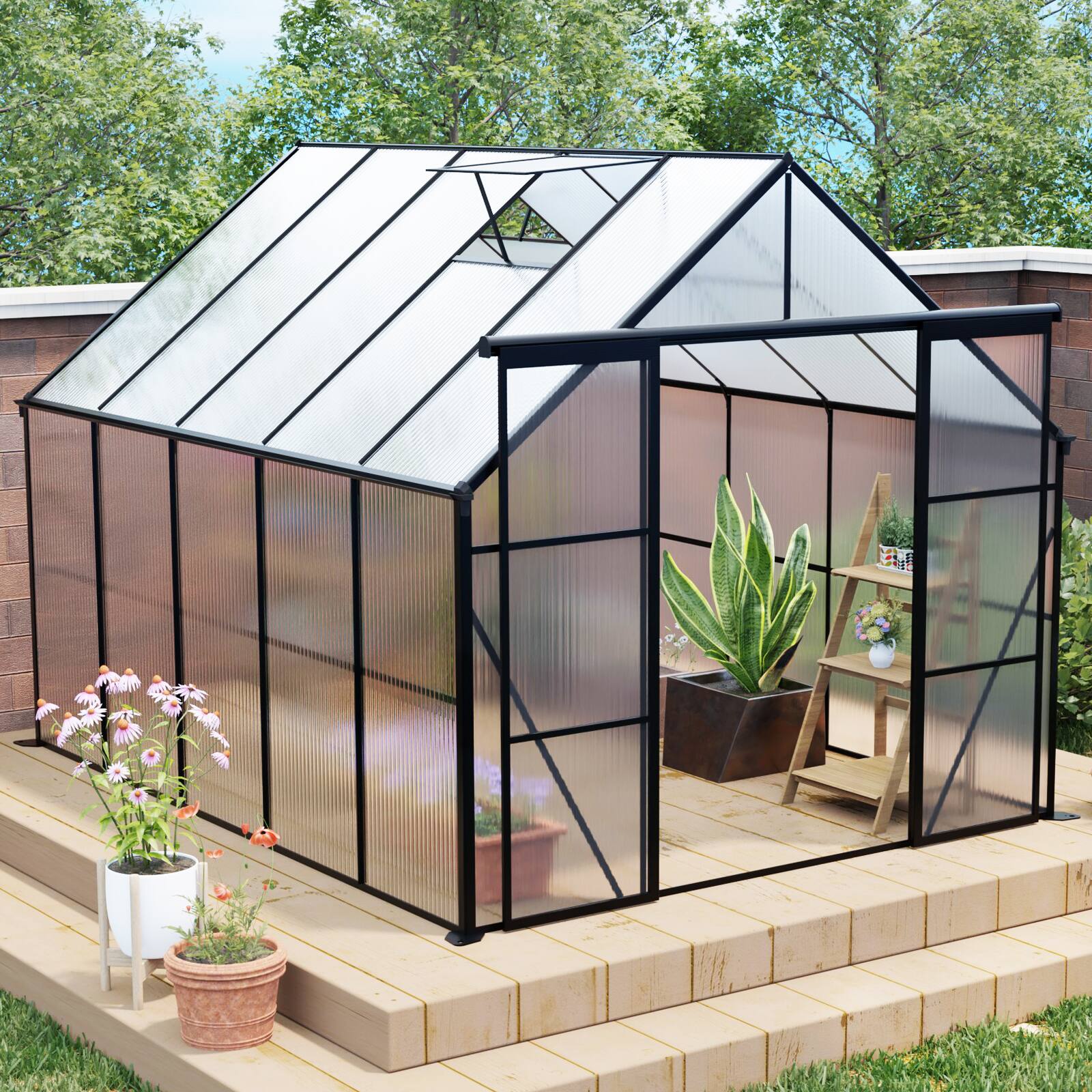 Front. TinyHomie - 8x10FT Double Door Polycarbonate Greenhouse Raised Base and Anchor Aluminum Heavy Duty Walk-in Greenhouses in All Season.