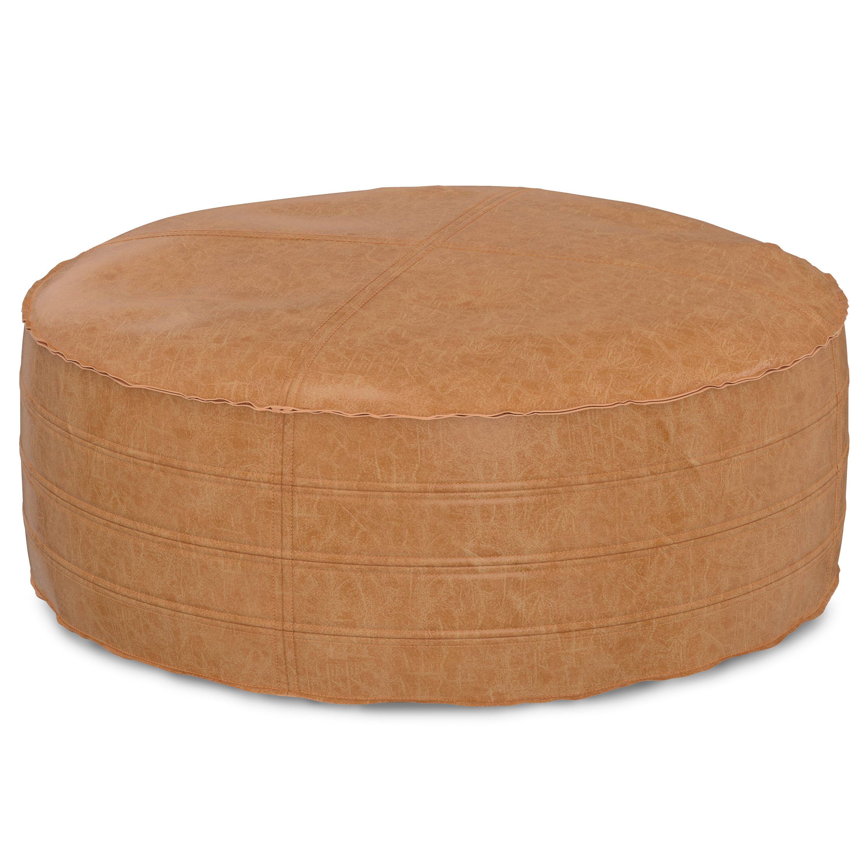Front. Simpli Home - Brody 32 inch Round Coffee Table Pouf - Distressed Brown.