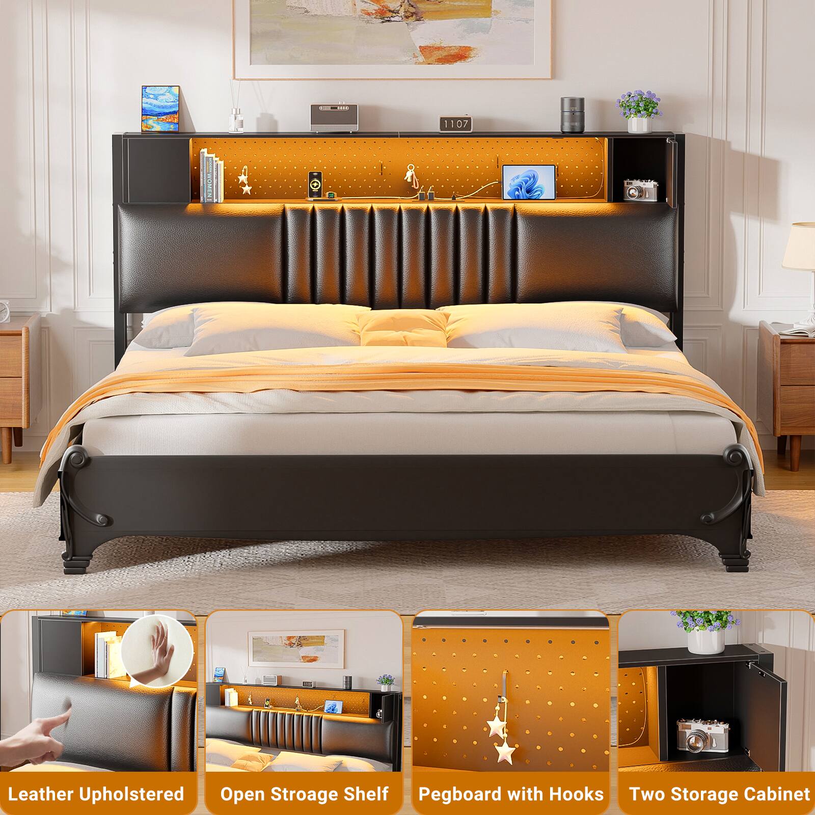 .2 1107 WOMEN'S Leather Upholstered Open Storage Shelf Pegboard with Hooks Two Storage Cabinet