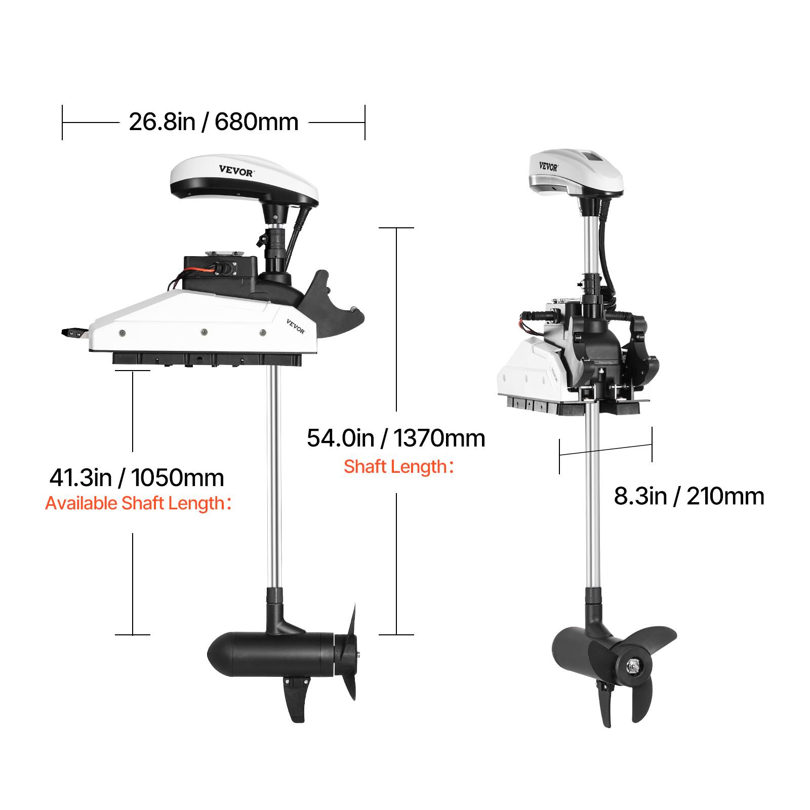26.8in / 680mm  
54.0in / 1370mm  
Shaft Length: 41.3in / 1050mm  
Available Shaft Length: 8.3in / 210mm
