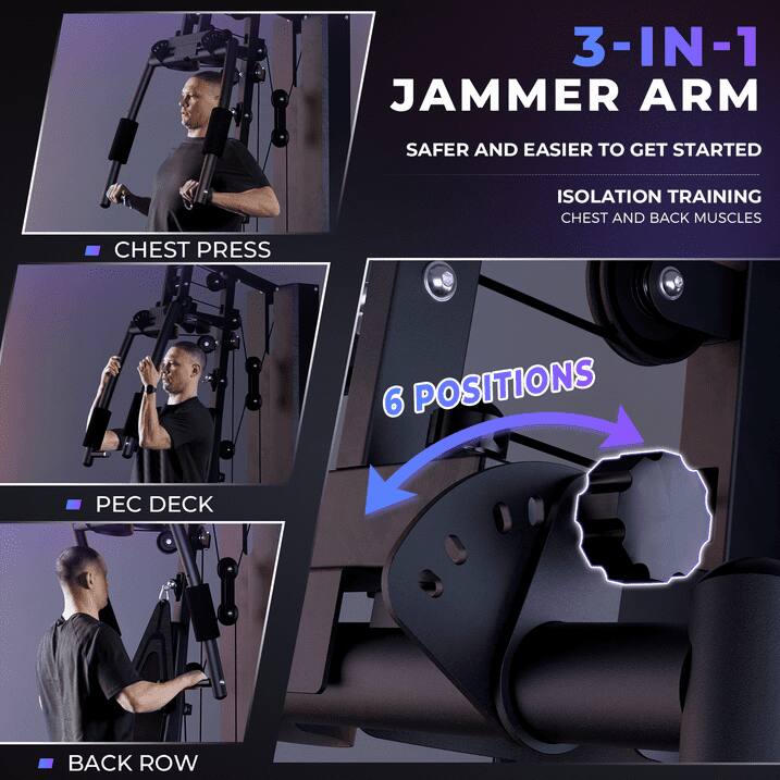 3-IN-1 JAMMER ARM, SAFER AND EASIER TO GET STARTED, ISOLATION TRAINING, CHEST AND BACK MUSCLES, CHEST PRESS, 6 POSITIONS, PEC DECK, BACK ROW