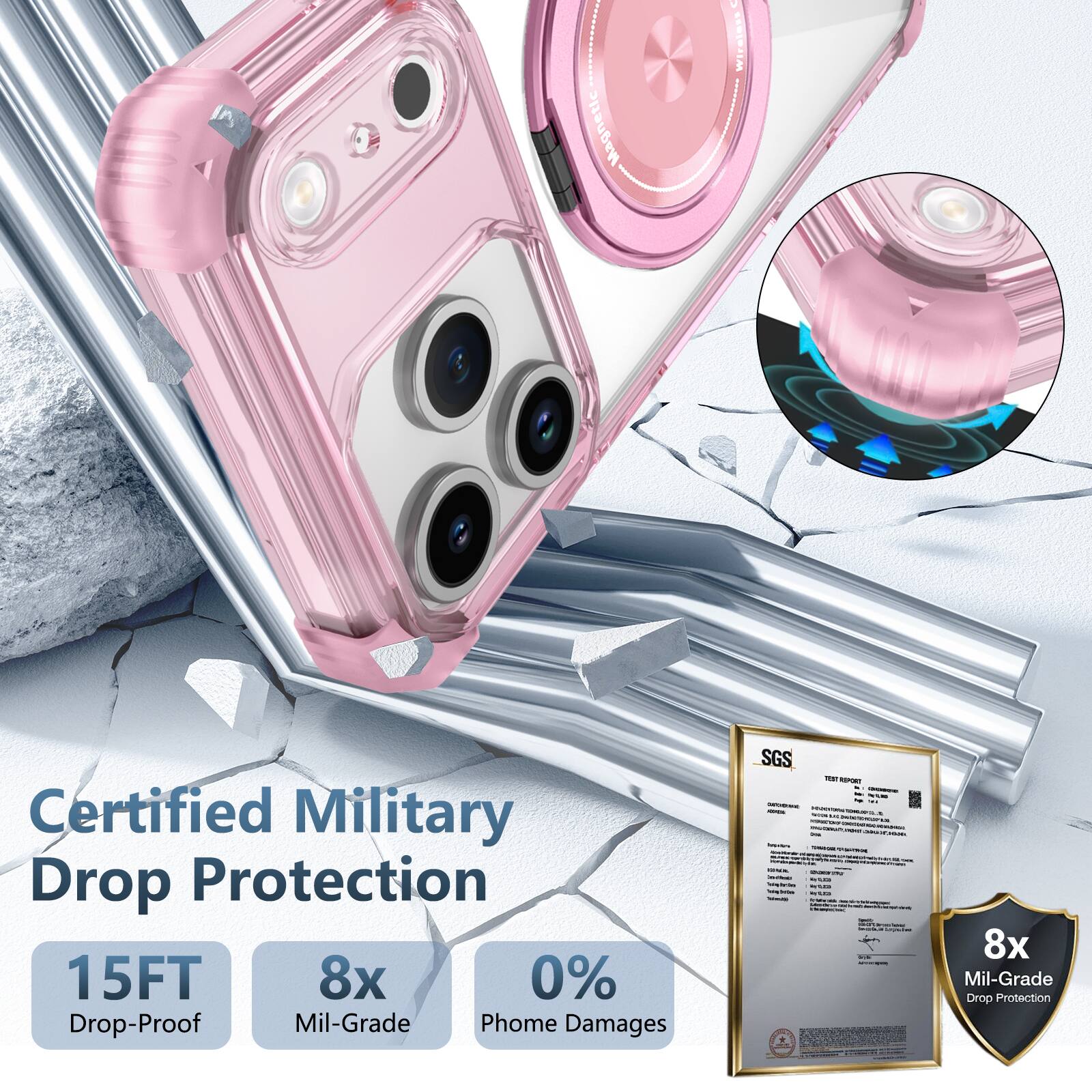 Certified Military Drop Protection  
15FT Drop-Proof  
8x Mil-Grade  
0% Phone Damages  
SGS FeeT - 8x Mil-Grade Drop Protection