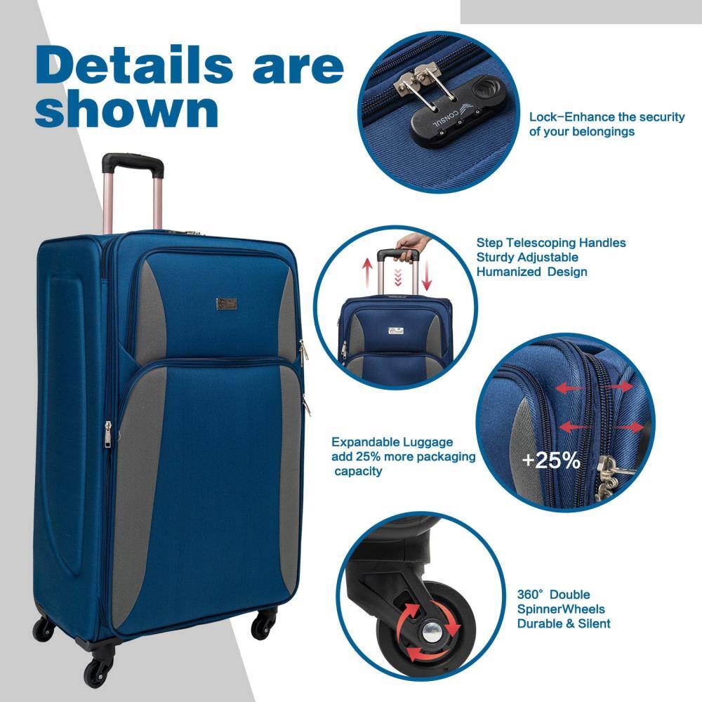 Details are shown

- Lock - Enhance the security of your belongings
- Step Telescoping Handles - Sturdy Adjustable Humanized Design
- Expandable Luggage - add 25% more packaging capacity
- 360° Double SpinnerWheels - Durable & Silent