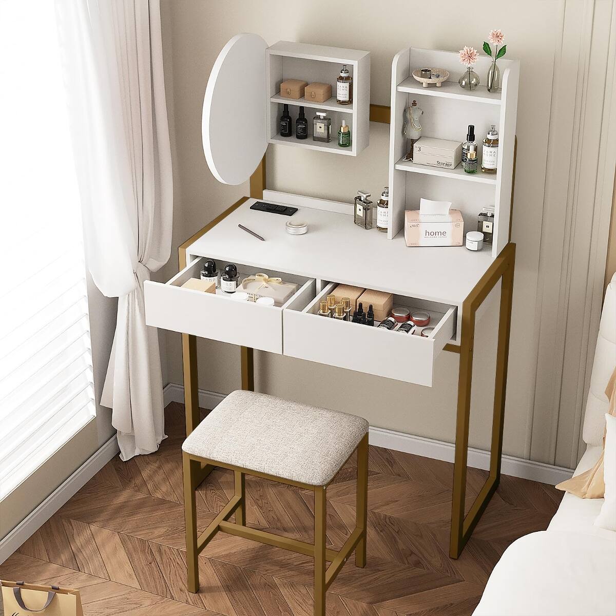 Loheer Small Vanity Desk with Mirror and Lights, Makeup Table with ...