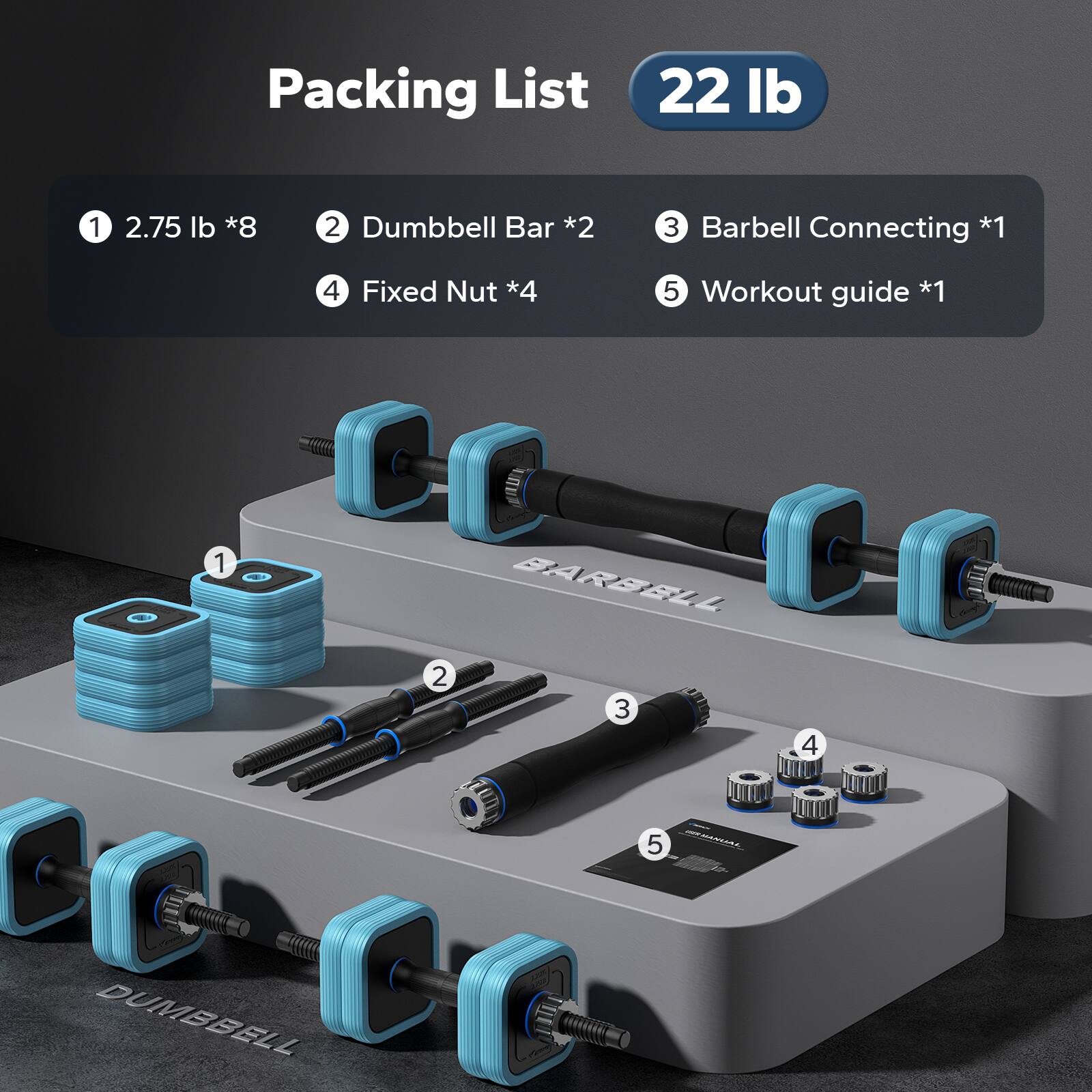 MERACH 3 in 1 Adjustable Dumbbell Weight Set 22/35/44/88lbs Free