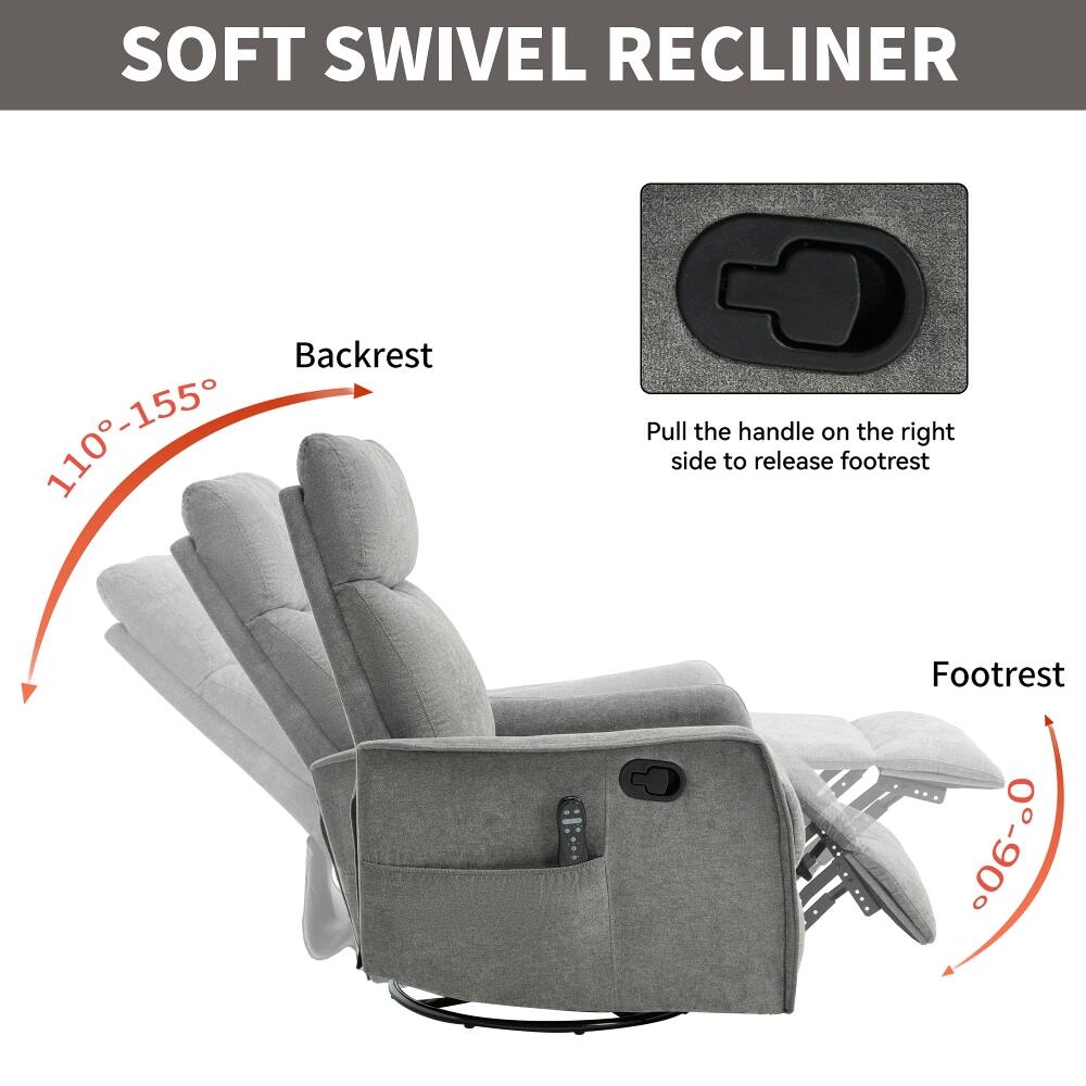 SOFT SWIVEL RECLINER

Backrest 110-155°

Pull the handle on the right side to release footrest

Footrest 0-90°