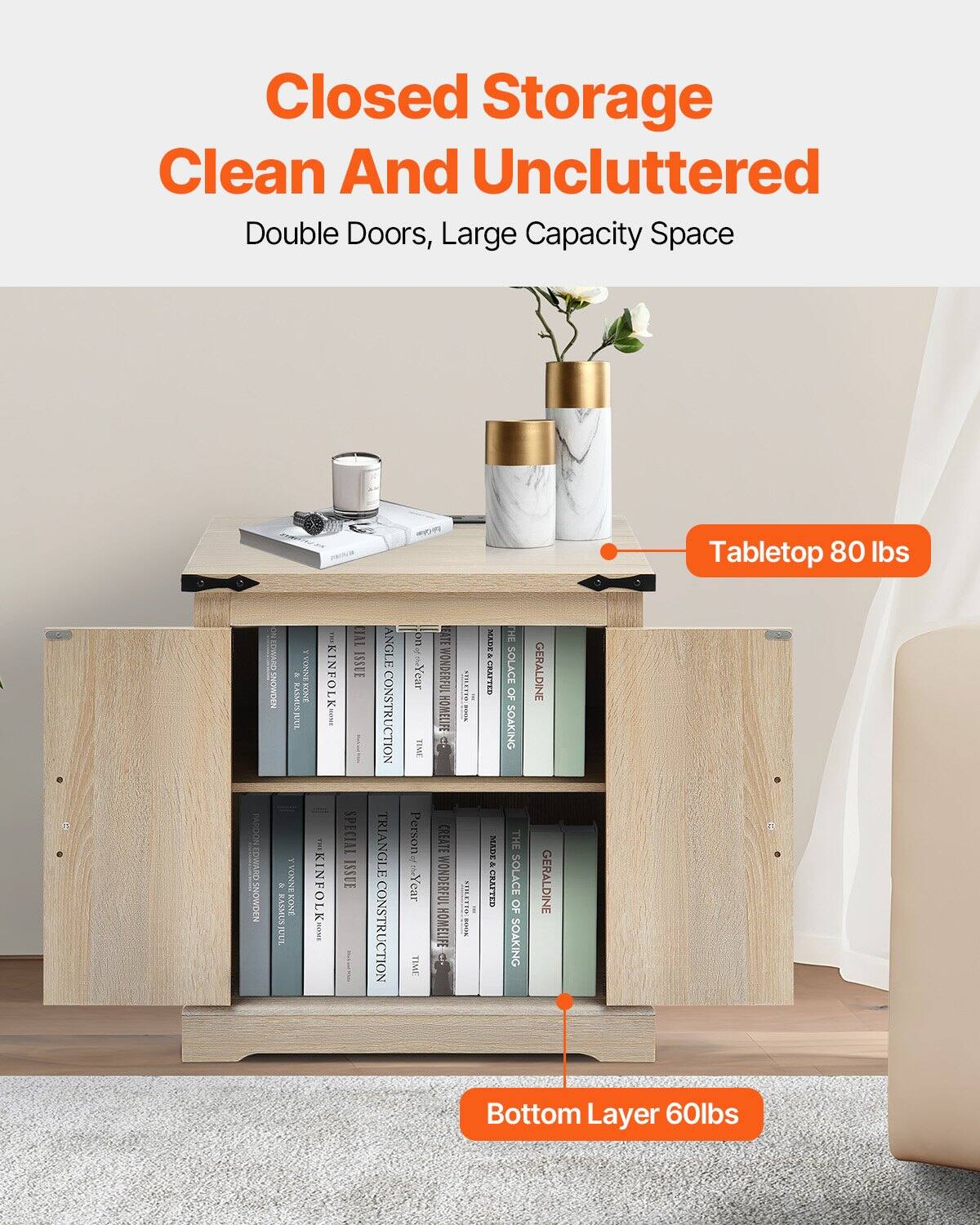 Closed Storage  
Clean And Uncluttered  

Double Doors, Large Capacity Space  

Tabletop 80 lbs  

Bottom Layer 60 lbs