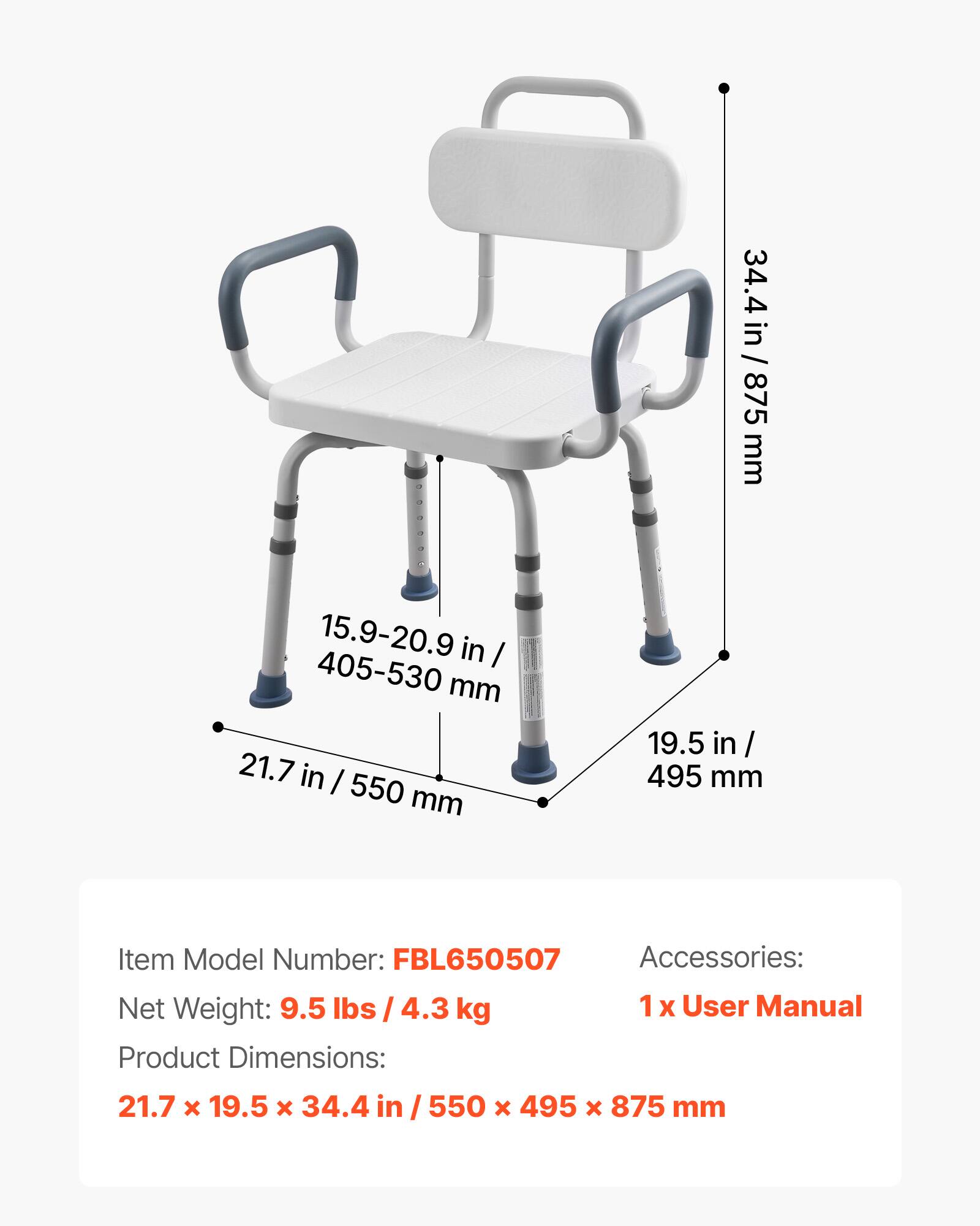 34.4 in / 875 mm  
15.9-20.9 in / 405-530 mm  
21.7 in / 550 mm  
19.5 in / 495 mm  

Item Model Number: FBL650507  
Accessories: 1 x User Manual  
Net Weight: 9.5 lbs / 4.3 kg  
Product Dimensions: 21.7 x 19.5 x 34.4 in / 550 x 495 x 875 mm