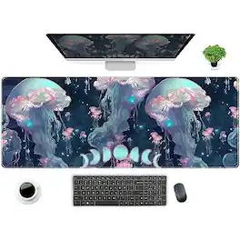 Comfort Essence - Cute White Cat Anime Green Plant Leaves Desk Mat Large Mouse Pad Gaming Xl Extended Mousepad Accessories For - Neon Blue Jellyfish-31.5" x 11.8"