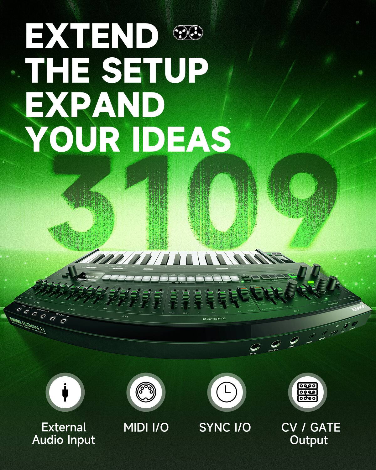 EXTEND THE SETUP EXPAND YOUR IDEAS

3109

- External Audio Input
- MIDI I/O
- SYNC I/O
- CV / GATE Output