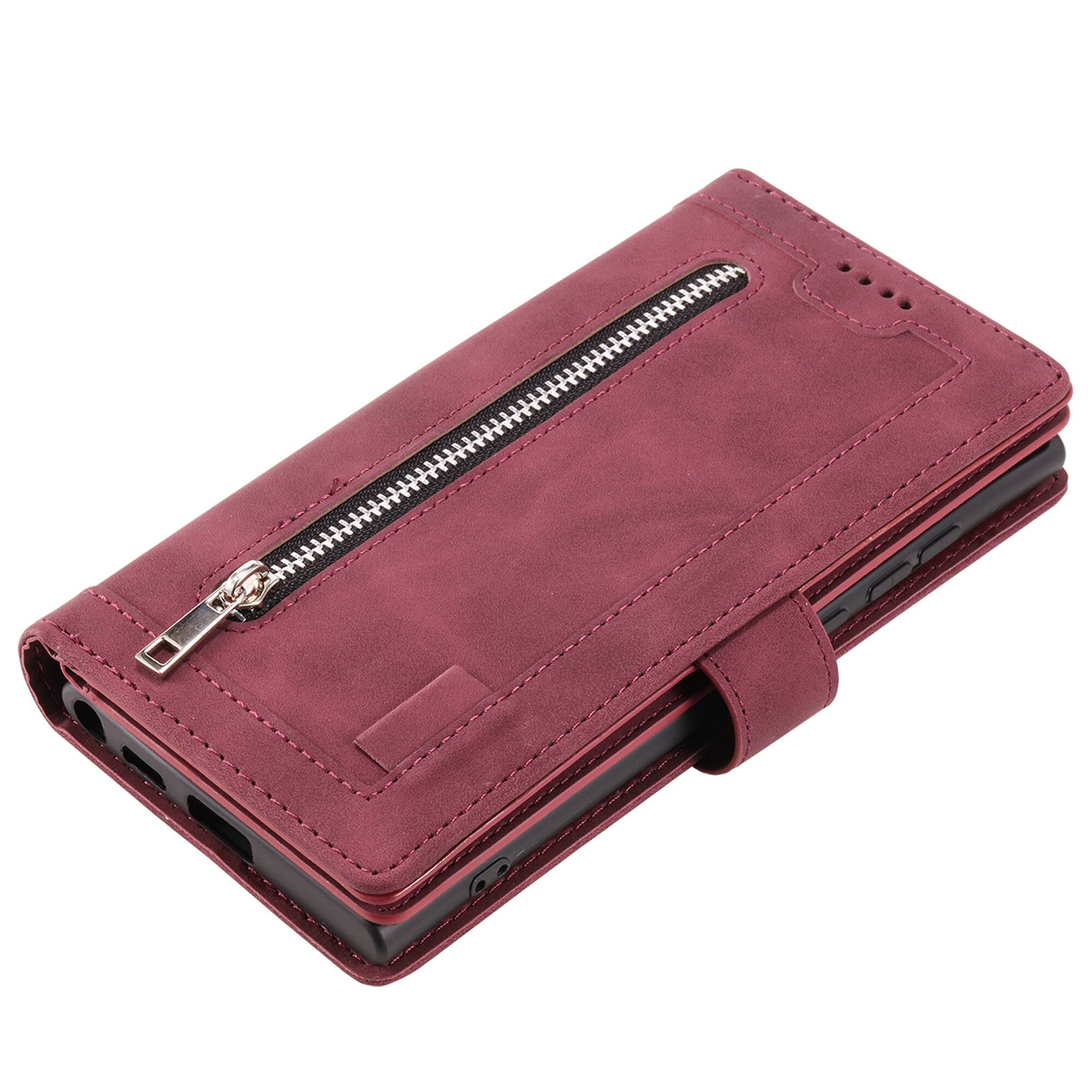 Alt View 2. Dteck - Multi-Functional Wallet Case for Samsung Galaxy S26, 9 Card Slots Zipper Pocket Stand Premium Leather Cover+Strap - Winered.