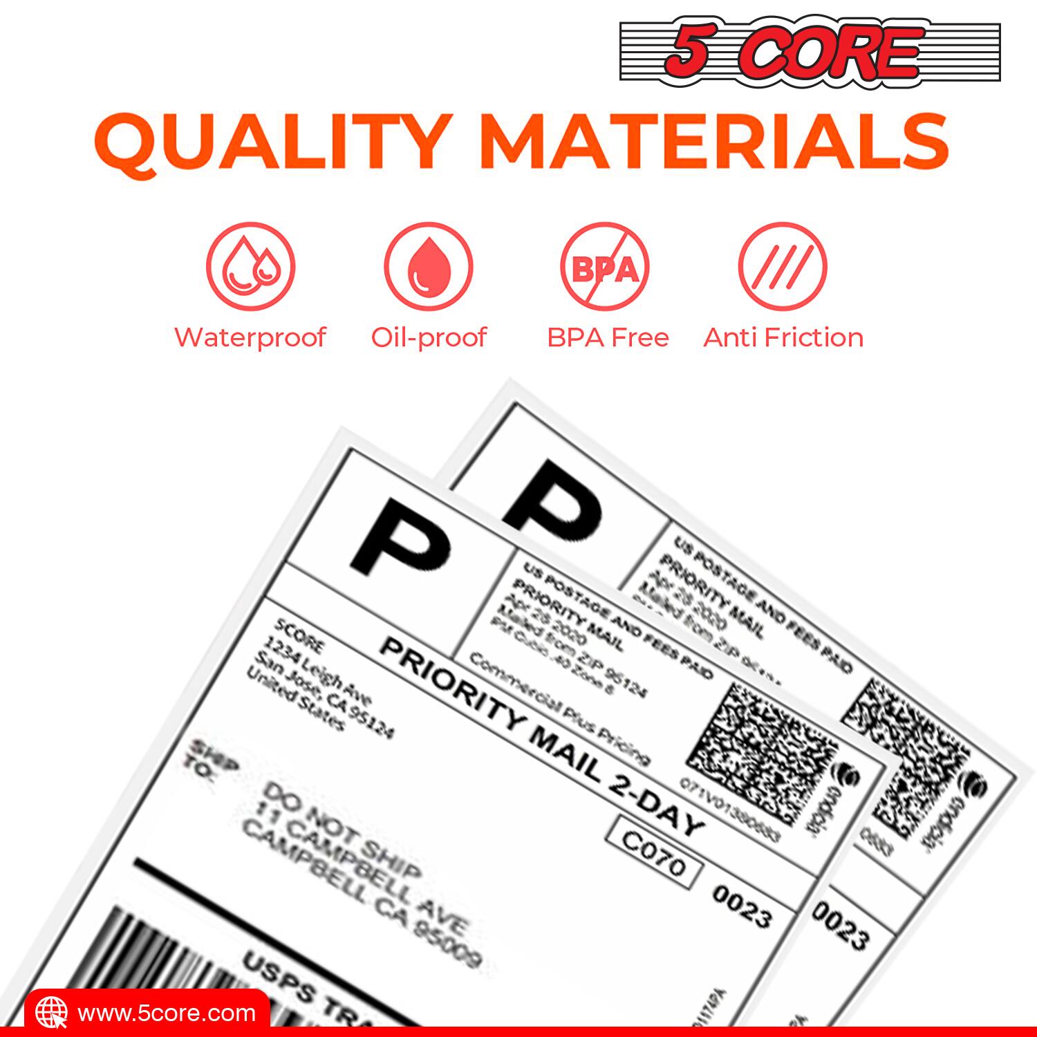 5 CORE  
QUALITY MATERIALS  

Waterproof  
Oil-proof  
BPA Free  
Anti Friction  

US POSTAGE AND FEES PAID  
PRIORITY MAIL 2-DAY  
SCORE  
1234 Leigh Ave  
San Jose, CA 95124  
United States  

DO NOT SHIP  
11 CAMPBELL AVE  
CAMPBELL CA 95009  

C070 0023 0023  

USPS TR  
www.5core.com