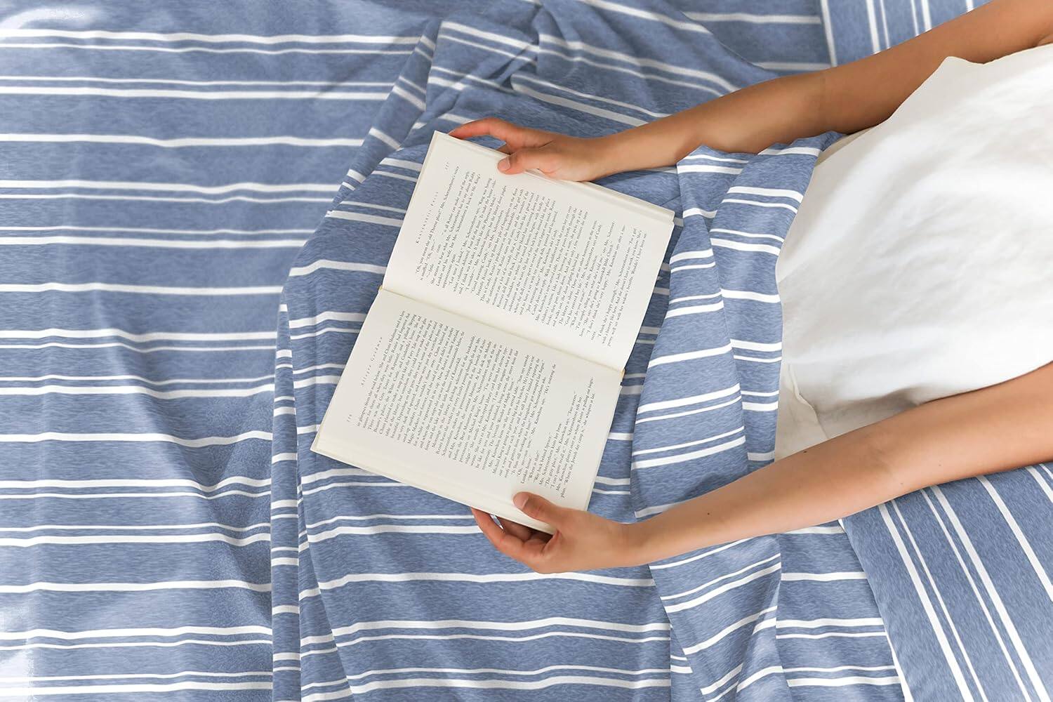 Alt View 1. CGK Linens - Luxuriously Soft 4-Piece Striped Sheet Set - Wrinkle-Resistant, Printed Pattern - Full - Blue Stripe Pattern.