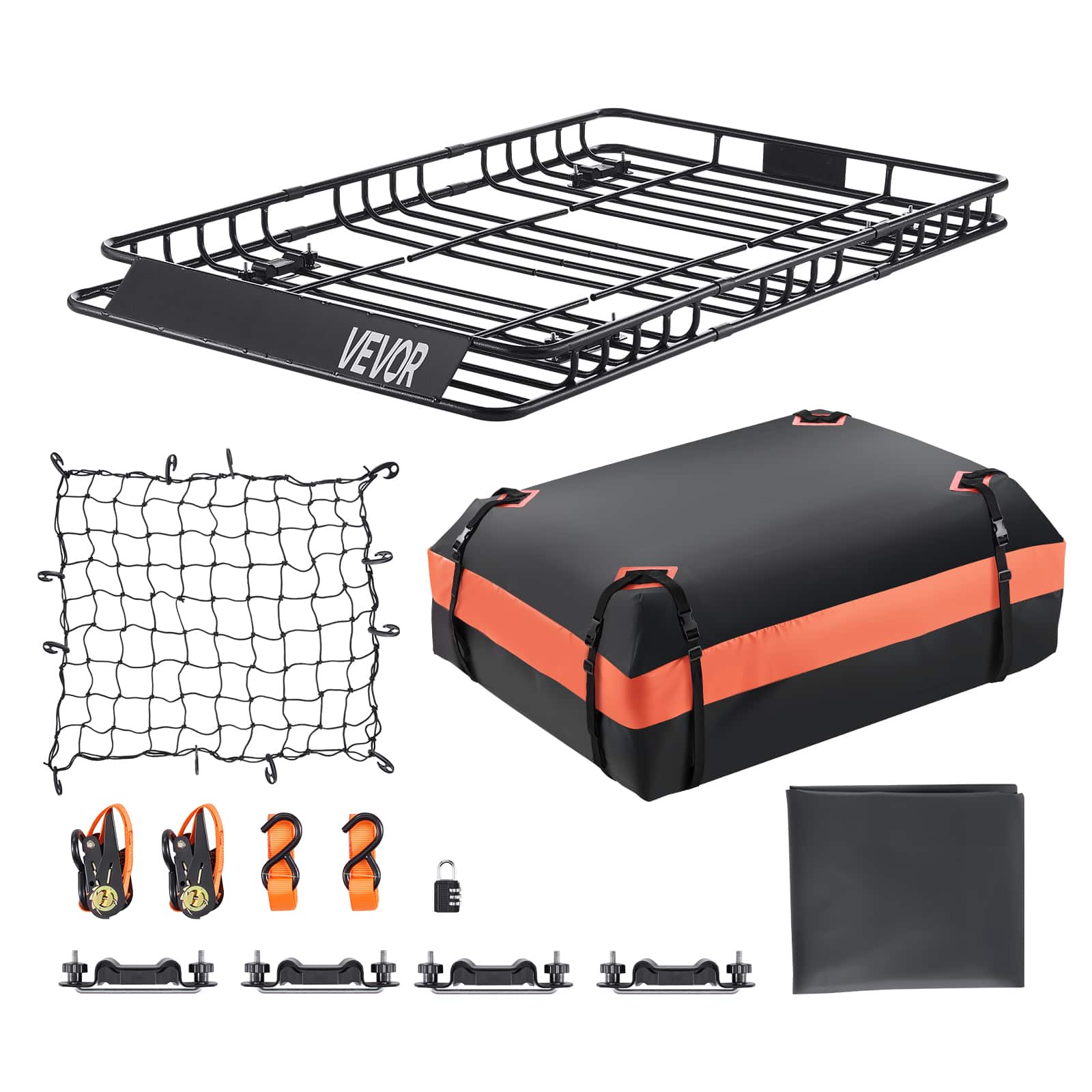 VEVOR - Roof Rack Basket, 64 x 39 x 4.1 in, Universal Rooftop Cargo Carrier with 44.1 x 34.3 x 10.2 in Cargo Bag, Net - Black