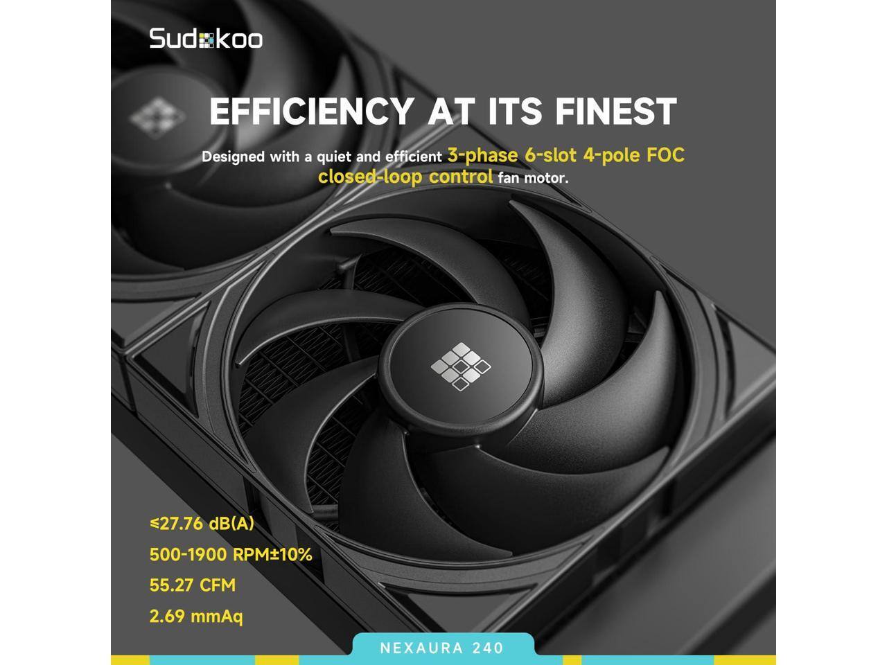 Sudkoo  
EFFICIENCY AT ITS FINEST  
Designed with a quiet and efficient 3-phase 6-slot 4-pole FOC closed-loop control fan motor.  
≤27.76 dB(A)  
500-1900 RPM±10%  
55.27 CFM  
2.69 mmAq  
NEXAURA 240