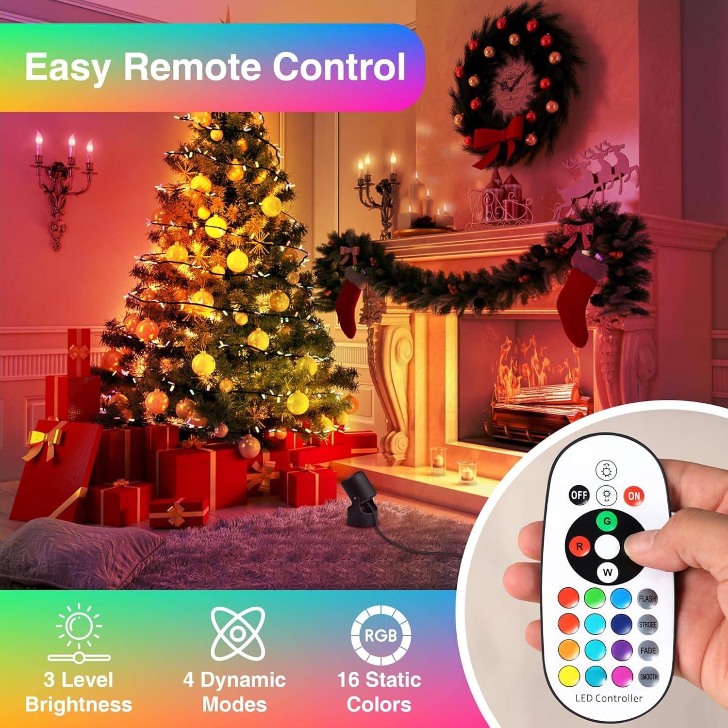 Easy Remote Control

- 3 Level Brightness
- 4 Dynamic Modes
- 16 Static Colors
- RGB Static Colors
- Smooth LED Controller

Buttons: OFF, ON, G, R, B, W, FLASH, STACHE, FADE