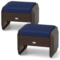 Costway 2 Pieces Outdoor Patio PE Wicker Ottomans with Removable Cushions Footstools - Mixed Brown + Navy - Front_Zoom