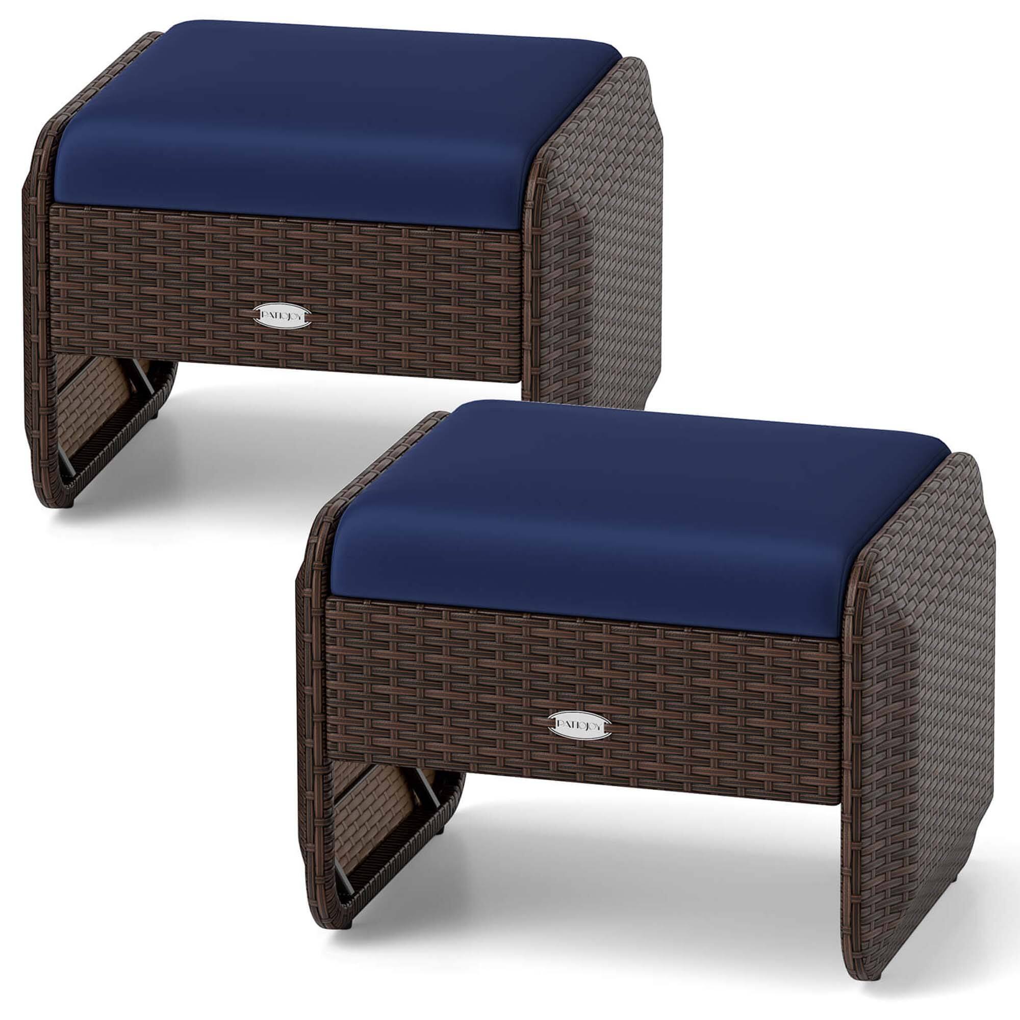 Costway - 2 Pieces Outdoor Patio PE Wicker Ottomans with Removable Cushions Footstools - Mixed Brown + Navy