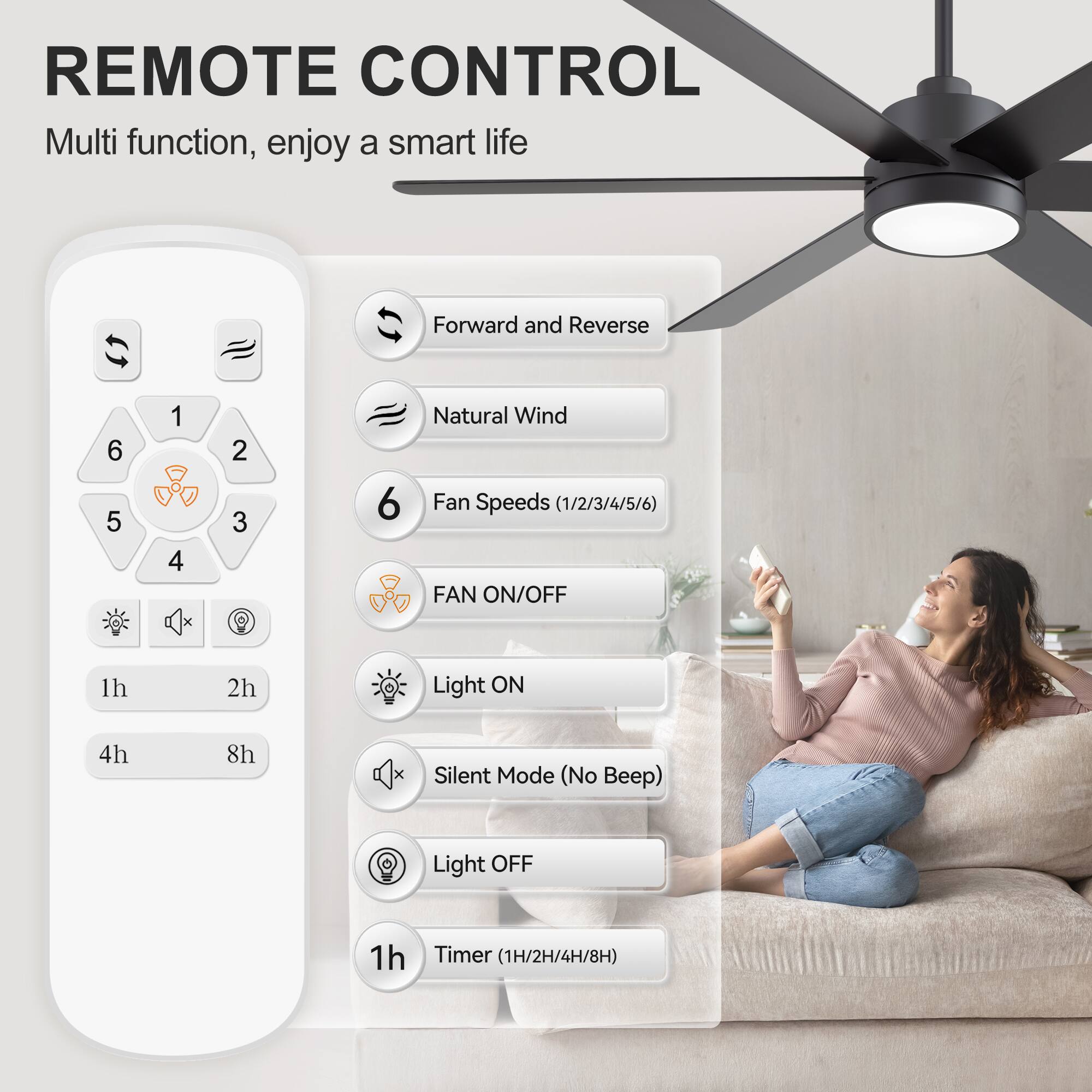 REMOTE CONTROL  
Multi function, enjoy a smart life  

- Forward and Reverse  
- Natural Wind  
- Fan Speeds (1/2/3/4/5/6)  
- FAN ON/OFF  
- Light ON  
- Silent Mode (No Beep)  
- Light OFF  
- Timer (1H/2H/4H/8H)  

1h  
2h  
4h  
8h